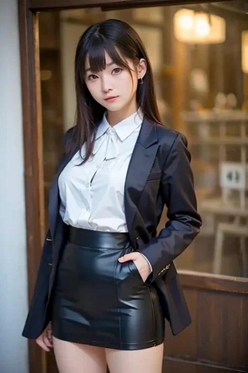 Highest quality、masterpiece、Office Lady、Open-collar shirt、mini skirt、blazer、Big Breasts、Vibrator prank in public, Big Breasts Women in Public, She leaned back、Anguished expression, ((slouch)), Hands on lower abdomen、Black choker、Hand holding a pink remote control outside the frame