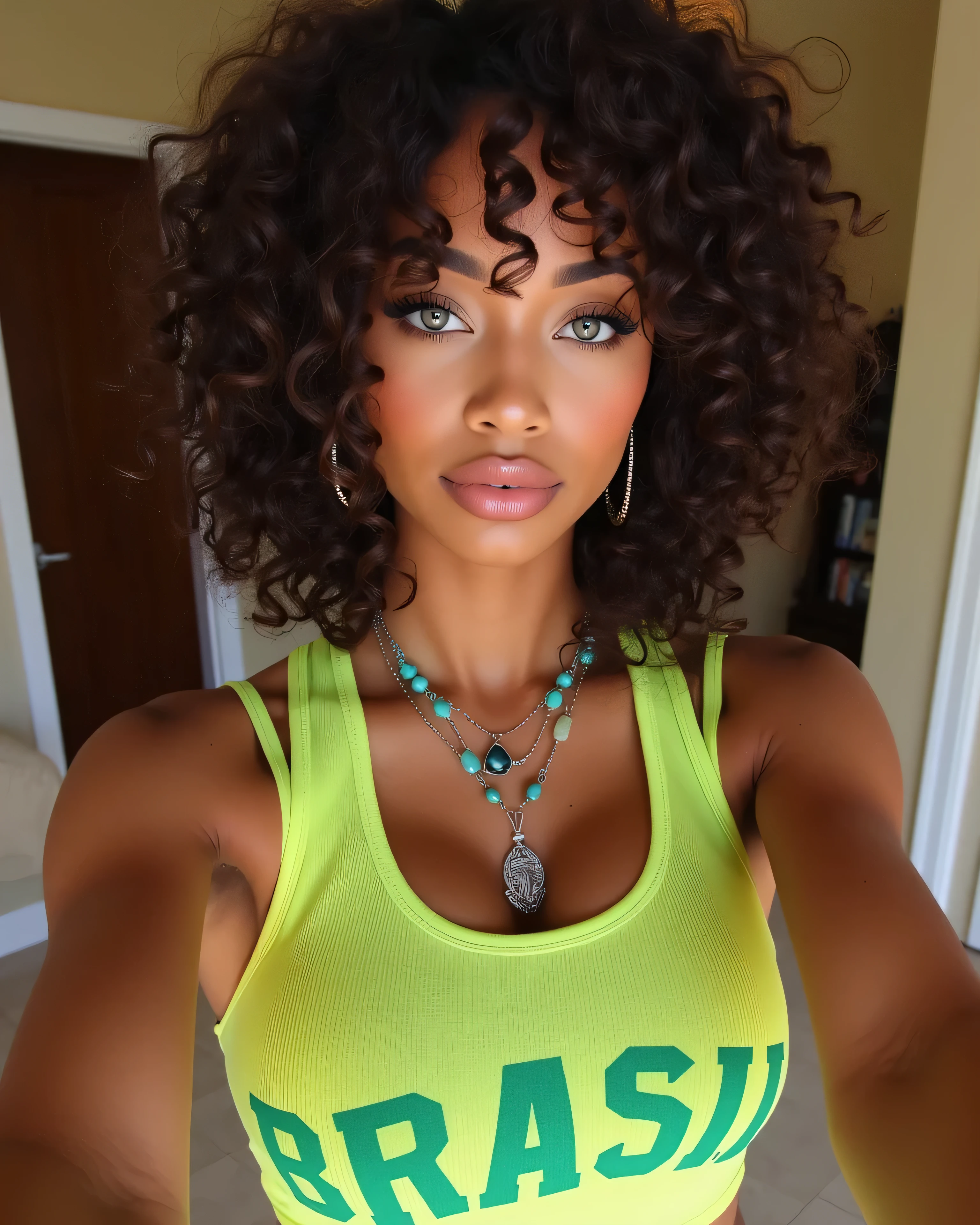 A beautiful light-skinned Afro-Brazilian woman with soft curly medium-length hair, voluminous and natural, wearing a vibrant green and yellow Brazil-themed tank top with the word “BRASIL” printed across the chest in bold letters. Her radiant, moisturized skin glows under bright natural indoor light, highlighting her sculpted cheekbones and glossy lips. She has striking light eyes, possibly blue or green, giving an intense and captivating look to the camera in a close-up selfie. Her expression is confident yet warm. She wears layered necklaces with tribal and turquoise beads, adding a touch of cultural flair. The background shows a cozy, softly lit room with a partially open door, creating a casual, intimate atmosphere. Photorealistic style, high definition, focus on facial detail and expression.