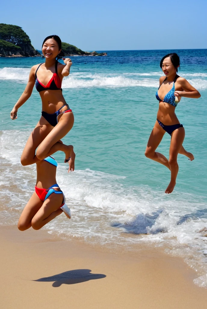 (White and vivid colors, Acutance, exposed:1.28),(nipple:-1), (Golden sand, Thongs), surfer girls (Jumping High:1.5), ((face variations)), { Navel | pretty Ass | Delicate lace knitted wear | (morning glowing) horizon | colorful Flowers | Red jewelrys }, { Glistening tanline | oiled ivory skin | Childish | Overflowing }, (portrayed in the best quality and high resolution, ultra-detailed, realistic, and (photorealistic:1.37) with a touch of rawness). { ((back lighting)) | concept art | enhancing the overall visual impact }. { Whole Body proportions and all limbs are anatomically accurate | ((Gigantic Overflowing sideboob)) | (:d) } .