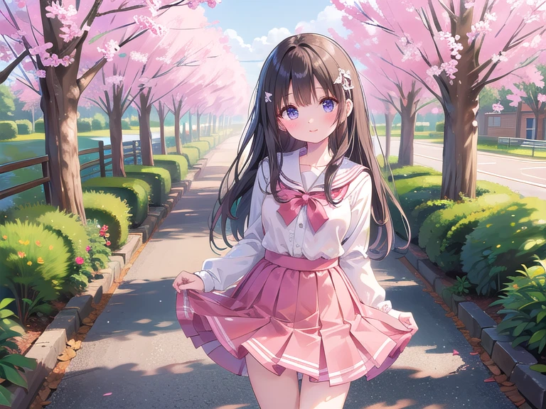 top-quality、extremely delicate and beautiful、Soio、Soio、8-year-old little girl、japanes、Lori、Chiquita、elementary student、A dark-haired、cheer girl、((Pink leotard))、(highleg)、Tiara on the head、A smile、is standing、Facing backwards、s ass、Pond in the background、the woods、cherry trees