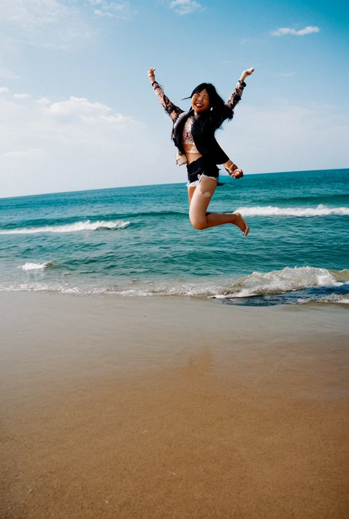 tmasterpiece,best qualtiy,cinematic Film still from,1little girl,big laughter,jumpping,beachside,Sunny beach