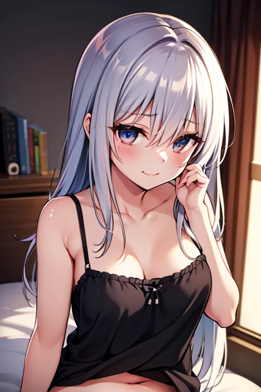 (masterpiece:1.4、top-quality、illustration)、(character focus、,upper body:1.3)、(1girl),(grin:1.3),(exact limbs:1.4),cute face,blue eyes、(tareme:1.3)、(),
(),(sit on the bed:1.4),、
(grey hair),(long hair:1.5)、
,(her room:1.3),(casual fashion:1.5),
(blunt bangs),(sidelocks:1.3), (sagging breasts:1.5)、
、slender、