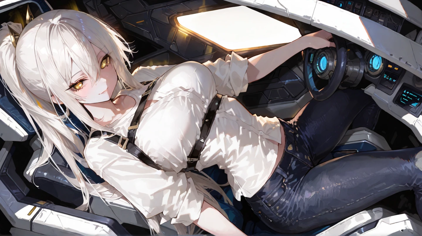 (best quality,4k,8k,highres,masterpiece:1.2),ultra-detailed, realistic, sexy grey-eyed girl looking at the viewer with her short grey hair flowing, dressed in a white shirt and short pants, medium size breast.