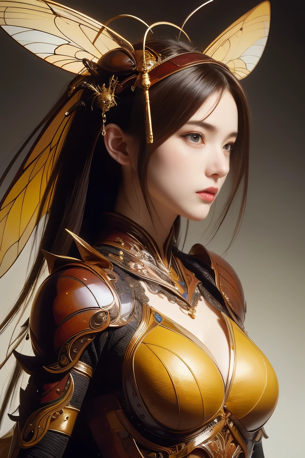 (High quality) , (masterpiece) , (detailed) , 8K , Hyper-realistic illustration of a girl with distinct Japanese features , wearing an intricate cockroach-inspired attire . The upper body portrait showcases the unique fusion of insect characteristics with delicate feminine aesthetics . The subject's intense gaze draws viewers in , while the intricate details of her attire , from glossy exoskeleton-like armor to delicate antennae , create a captivating and unusual portrait that blends beauty and unconventional inspiration .