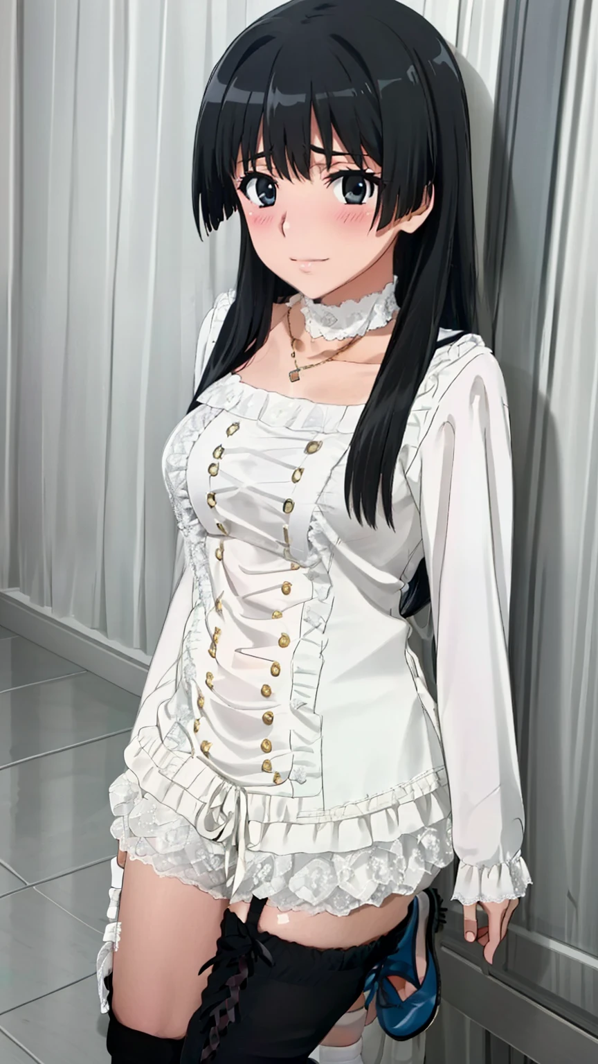 (masterpiece, best quality, high resolution, 8k:1.2), (anime coloring), unity 8k wallpaper, (beautiful detailed eyes:1.2), highly detailed face, perfect lighting, highly detailed CG, perfect hands, perfect anatomy, saten ruiko, 1 girl, young woman, bearish sentiment, (black hair:1.1), bangs, (black eyes), (slim body), (medium breasts), nffsw, (half smile, blush:1.0), (slicked back hair:1.3),(concept clothing, long sleeve, over the knee socks, women's mary jane shoes), looking at the viewer, in the center of the image, dutch angle,