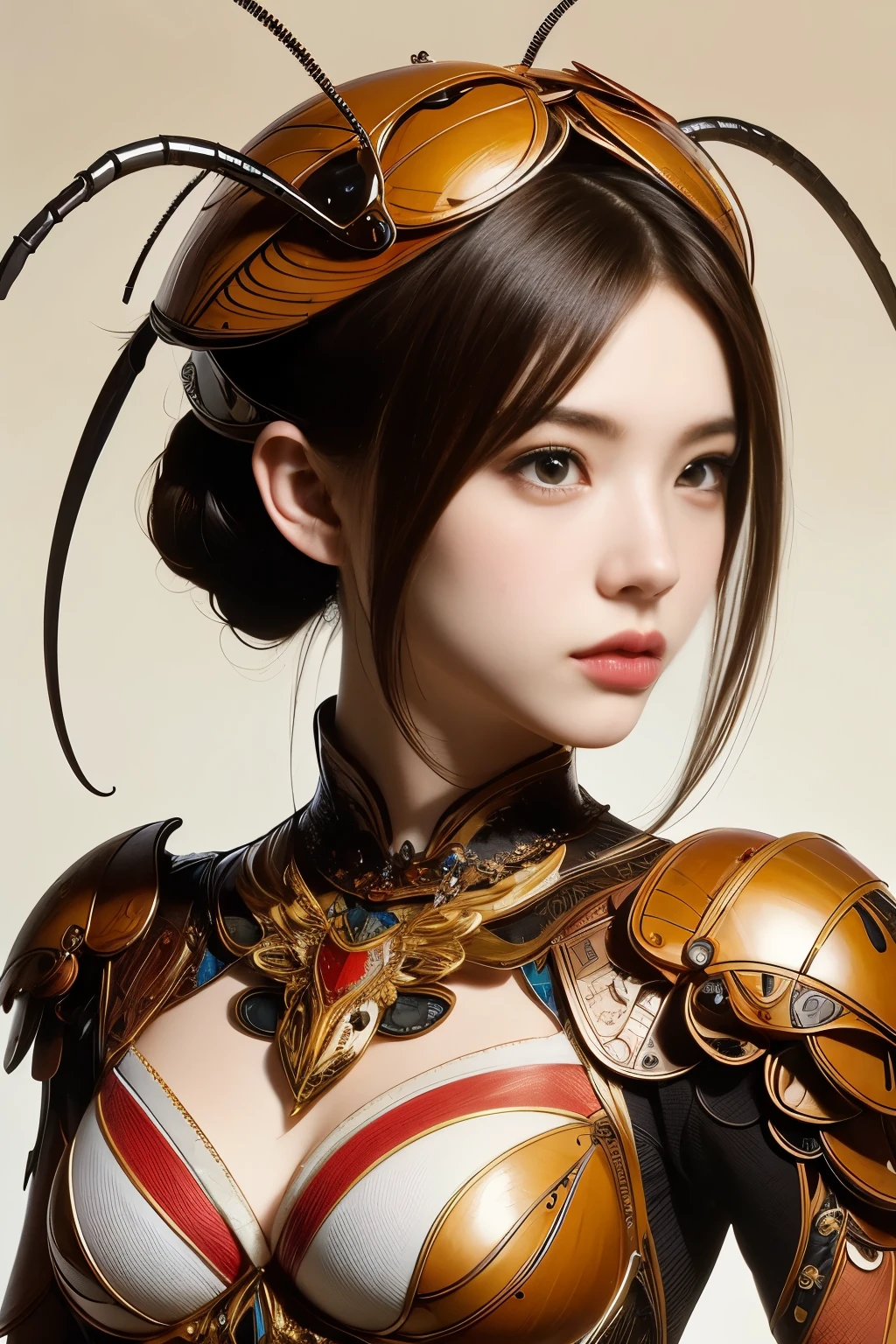 (High quality) , (masterpiece) , (detailed) , 8K , Hyper-realistic illustration of a girl with distinct Japanese features , wearing an intricate cockroach-inspired attire . The upper body portrait showcases the unique fusion of insect characteristics with delicate feminine aesthetics . The subject's intense gaze draws viewers in , while the intricate details of her attire , from glossy exoskeleton-like armor to delicate antennae , create a captivating and unusual portrait that blends beauty and unconventional inspiration .