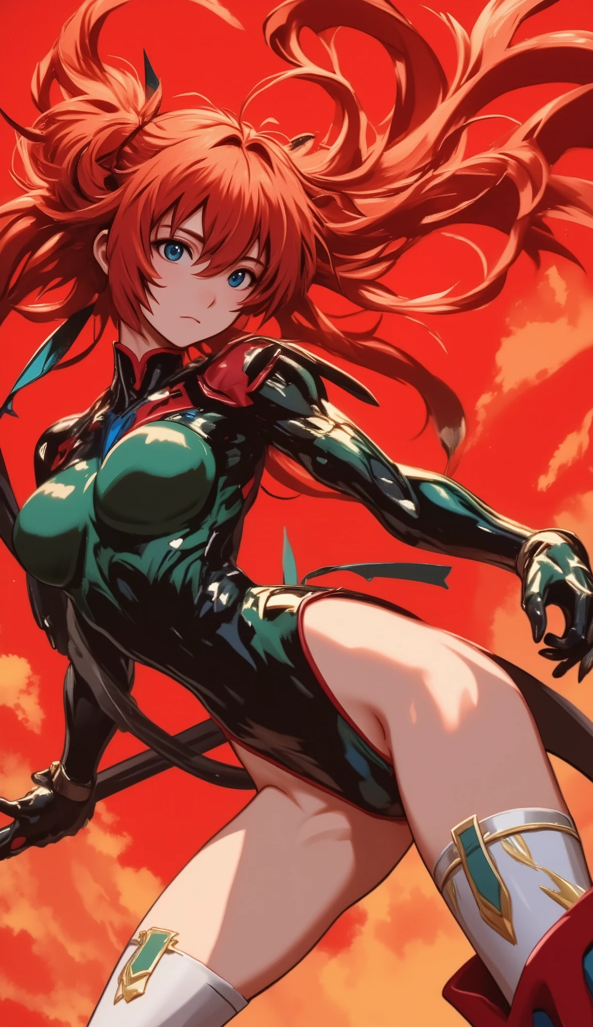 ((Evangelion, Asuka Langley)),1 girl,solo,red background,Cowboy Shots, ,,, score_9,score_8_up,score_7_up,,8k,1 girl to improve Sa,solo,