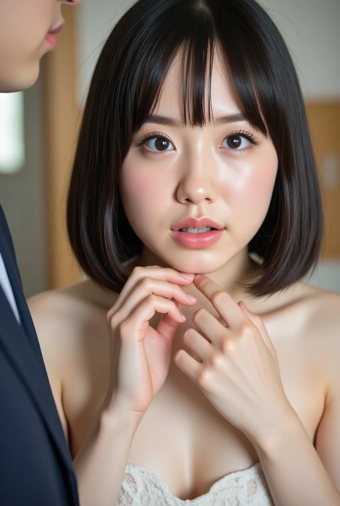 Two beautiful and cute Japanese junior high school girls caress a middle-aged man while completely naked