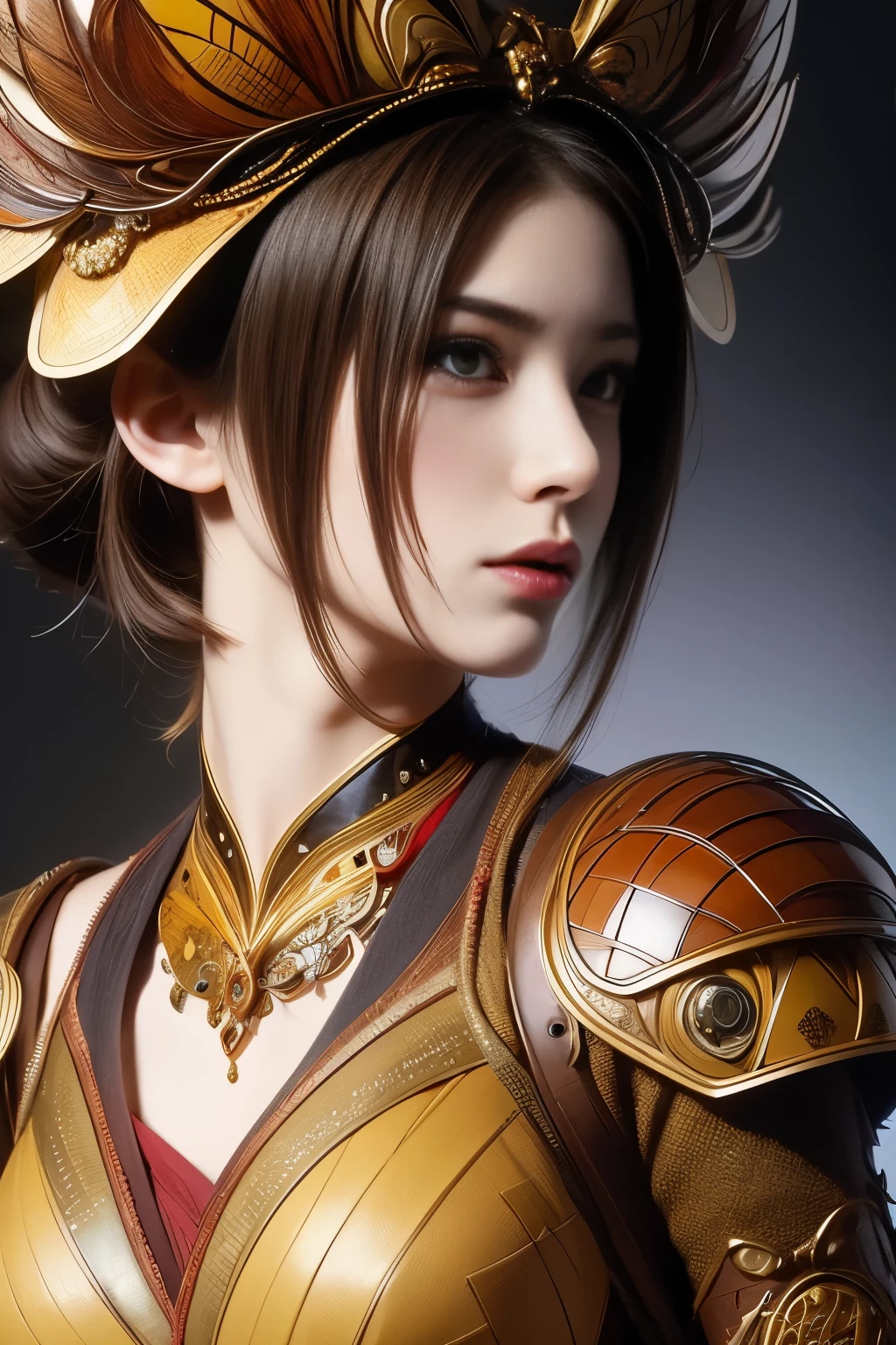 (High quality) , (masterpiece) , (detailed) , 8K , Hyper-realistic illustration of a girl with distinct Japanese features , wearing an intricate cockroach-inspired attire . The upper body portrait showcases the unique fusion of insect characteristics with delicate feminine aesthetics . The subject's intense gaze draws viewers in , while the intricate details of her attire , from glossy exoskeleton-like armor to delicate antennae , create a captivating and unusual portrait that blends beauty and unconventional inspiration .