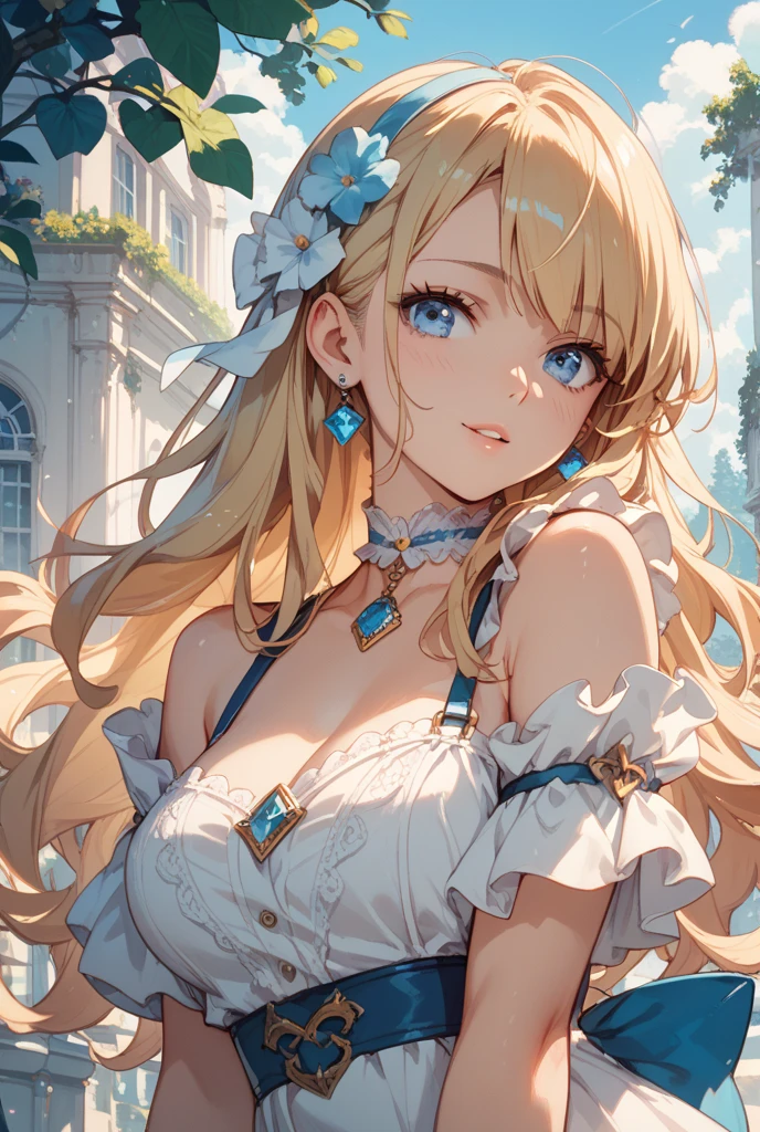 A Princess With Blonde Hair and Blue Eyes Wearing an Elegant Blue Dress.