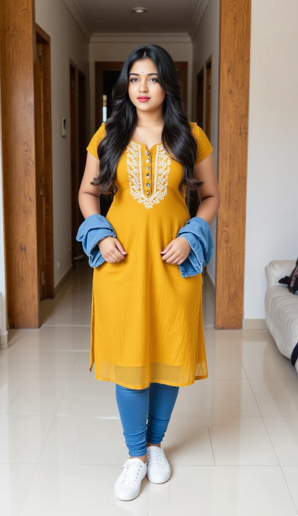 Day scene, A radiant, full-figured South Indian 3 aunty a white colour chiffon fully transparent kurta ,standing, in a office captured in a full-body image with vibrant hues and meticulous details. Full body image