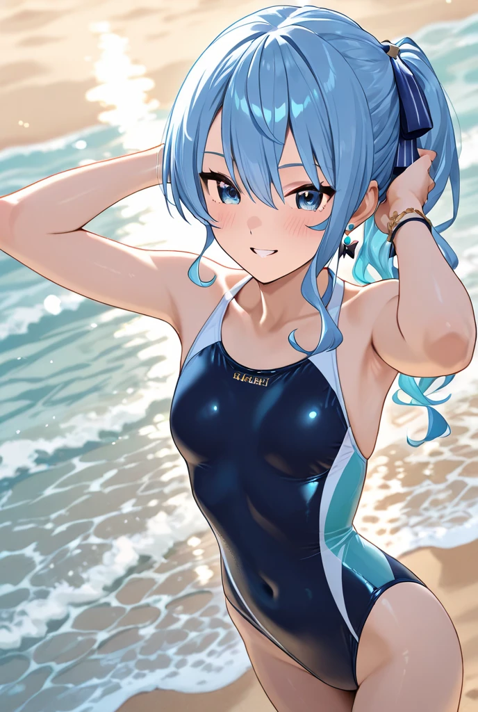 (An incredibly stupid and foolproof solution:1.5)、high quality、最high quality、Masseter muscle area、Anime girl in light blue and white bikini, attractive、Change animation, 8k manga wallpaper, smile、Embarrassed laugh、((Small curvaceous ))、 Cute Anime Girl,((Swimming pool)、(Short braided hair)、Blurred Background