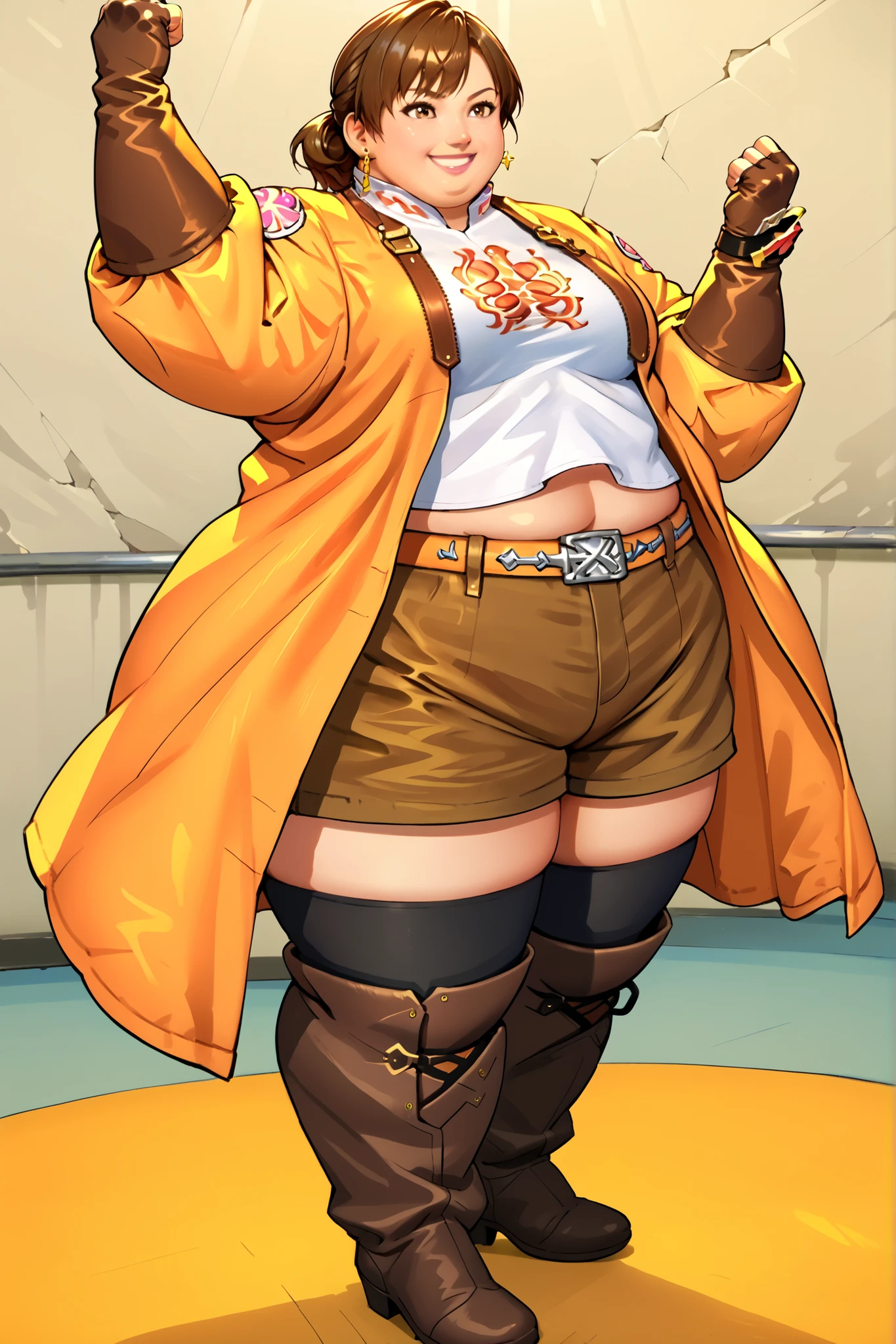 score_9, score_8_up, score_7_up, score_6_up, score_5_up, score_4_up , BREAK source_anime,anime screencap,anime_coloring,anime_lineart, smile, gloves, brown eyes, jewelry, earrings, shorts, thigh highs, boots, fingerless gloves, white shirt, smile, midriff, crop top, action posing , dynamic angle, indoors, coat, full body, SSBBW, 500 lbs.