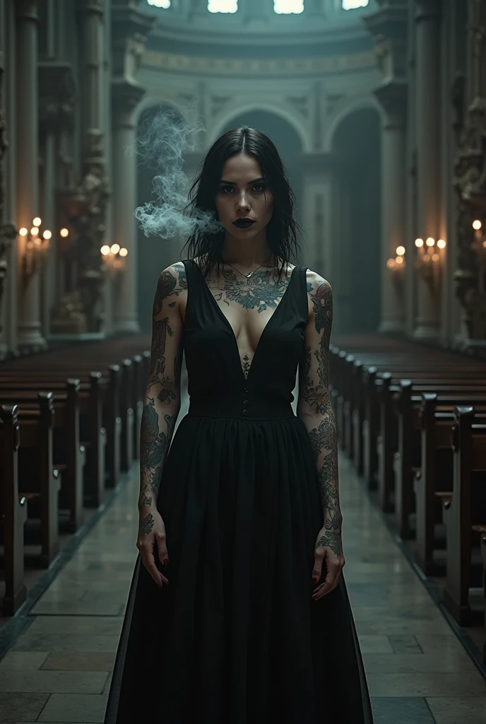 a woman, 25ear old, long brunette hairs,  textured skin, romantic smile, purple and black  hairs, professionnal lightning, flash lightning, in a cemetery, by night, black and purple makee up, black lace dress, spooky, spider web tattoo on the neck