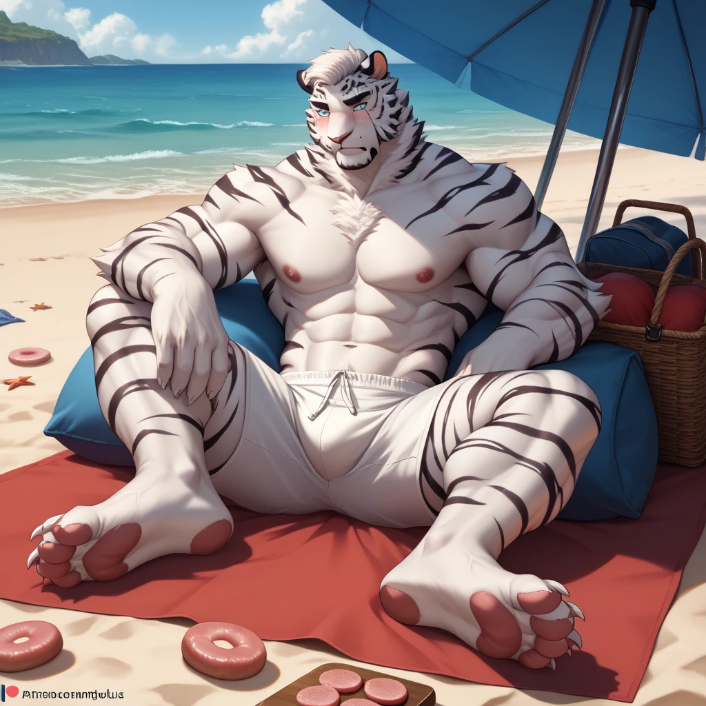 male furry white tiger with red spiked penis, full body, standing on a deserted beach