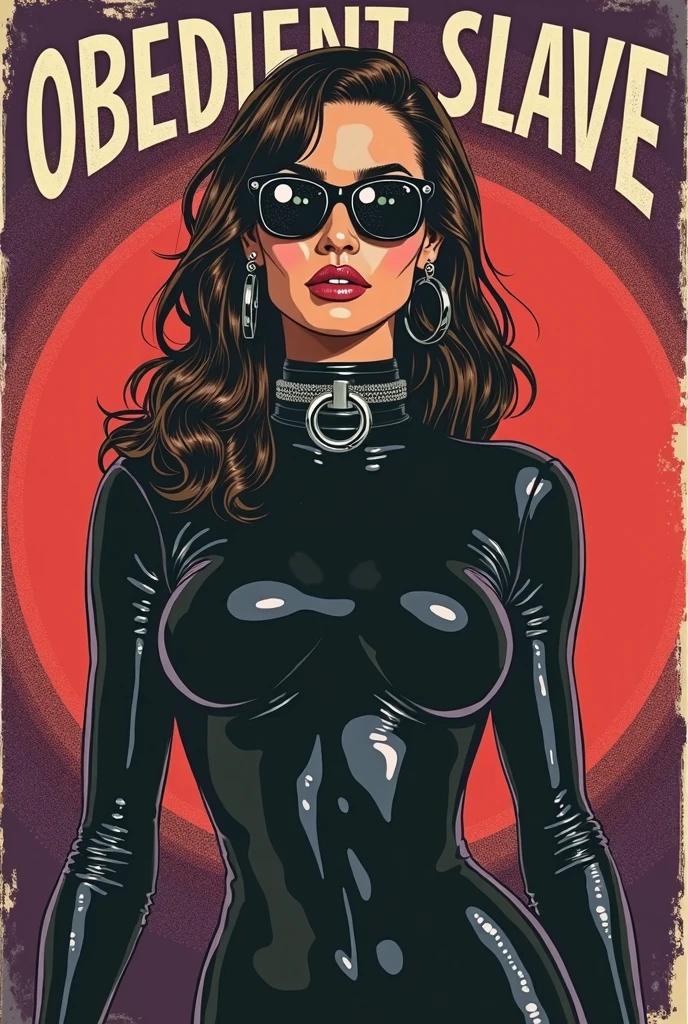 Le modèA retro-style poster featuring a 25-year-old woman with brunette hair wearing a black latex catsuit that covers her entire body. The form-fitting catsuit features a metal D-ring collar around her neck. The title text reading "OBEDIENT SLAVE" appears at the top of the poster in bold lettering. The background uses muted colors and halftone dot patterns characteristic of 1960s and 1970s poster designs, with the figure positioned centrally against a gradient backdrop of deep purple fading to dark red. Retro comic book illustration style with bold colors and halftone shading typical of 1960s and 1970s poster designs. she wears a tight corset