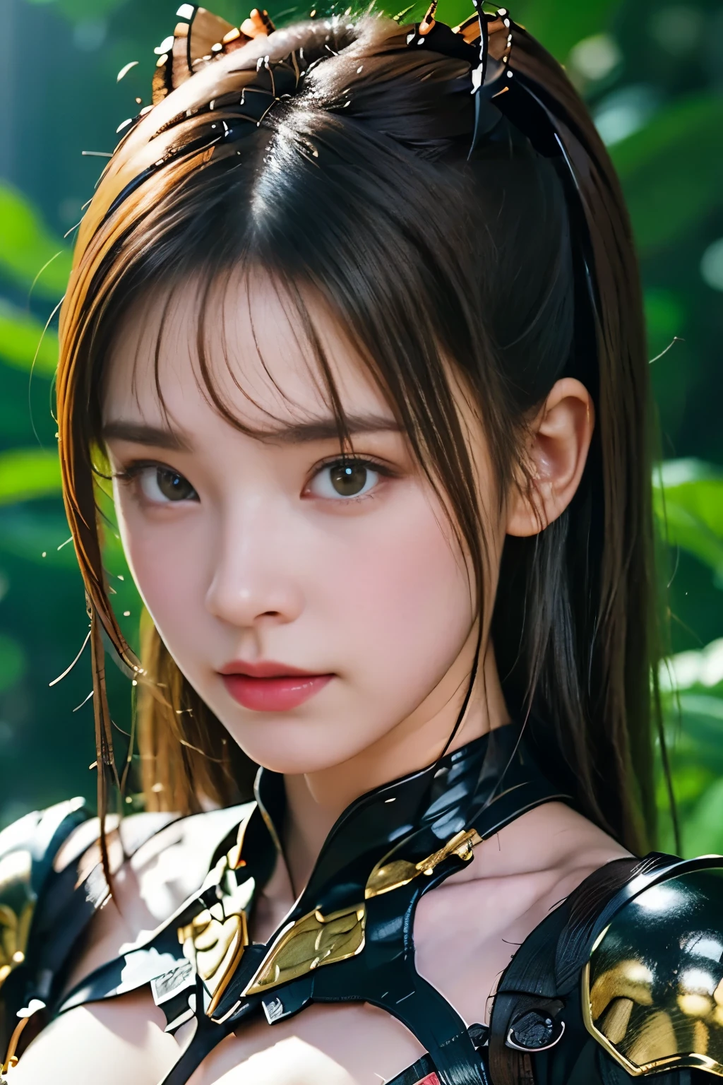 (High quality) , (masterpiece) , (detailed) , 8K , Hyper-realistic illustration of a girl with distinct Japanese features , wearing an intricate cockroach-inspired attire . The upper body portrait showcases the unique fusion of insect characteristics with delicate feminine aesthetics . The subject's intense gaze draws viewers in , while the intricate details of her attire , from glossy exoskeleton-like armor to delicate antennae , create a captivating and unusual portrait that blends beauty and unconventional inspiration .