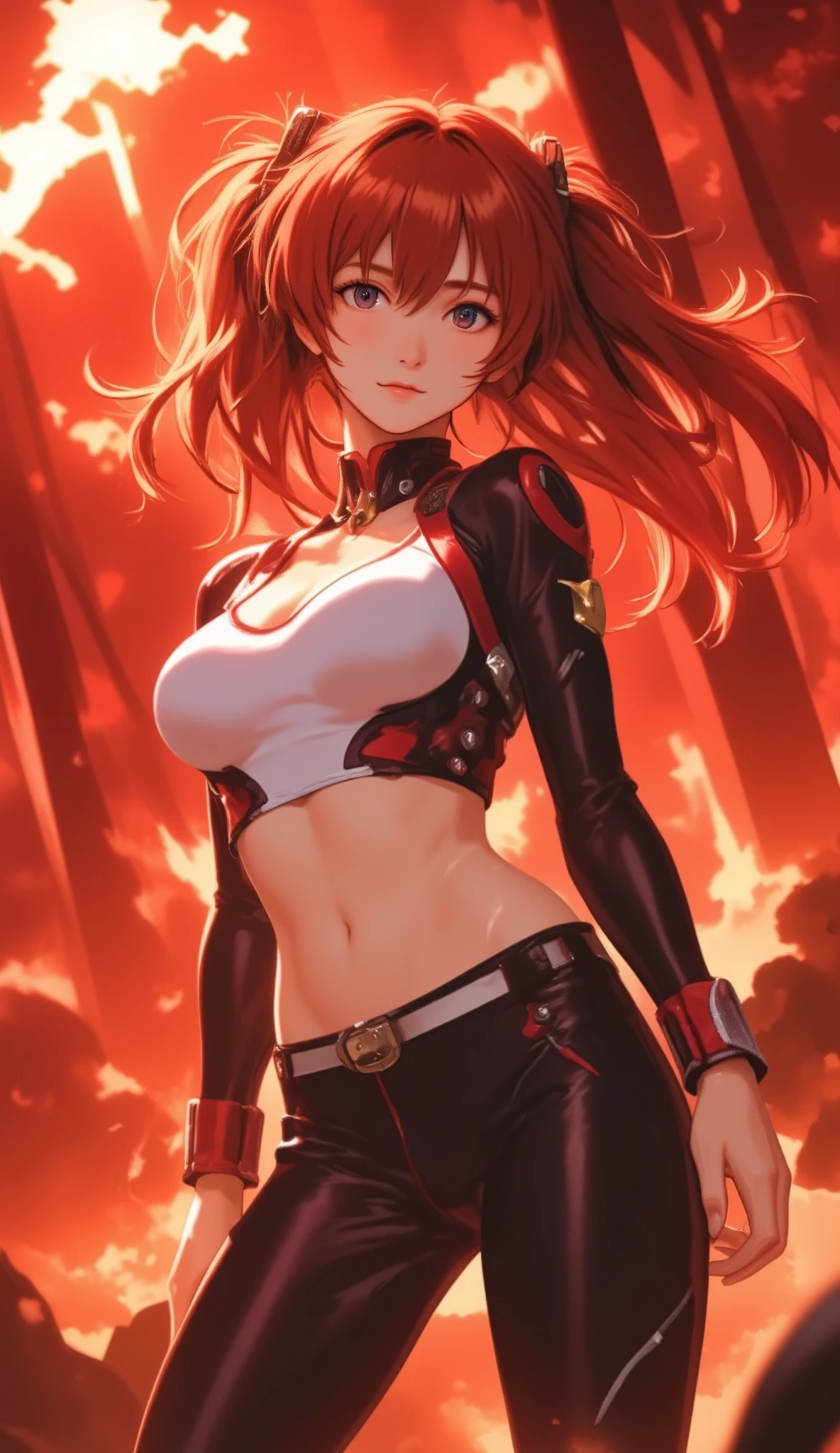 8k,A super muscular American female fire goddess, With the energy of a 20-year-old.,Super Beauty(Like the real thing),Staring angrily at the audience.,Orange Mohawk Hair,Sexy orange and black large chest armor(Fire God's Emblem),Orange Flame Gauntlets(Fire God's Emblem),Orange Flame Leg Guards(Fire God's Emblem),Orange and black shorts(Fire God's Emblem),Slender and muscular lower body,A dark and desolate land,Photorealistic RAW photos of the highest quality。Bright colors,Rich colors, Backlight, Cinema Lighting, Film Grain, 50mm lens, Nikon D850,Realistic Skin,Fantasy art,Character Art,Ultra-high resolution,Realistic Skin,Raised muscles,A 20-year-old beauty who is the goddess of fire,Black Flame God Costume(Orange flame emblem filigree),Energy Man,Showing off very intense and strong abs,Top-down view,Dynamic fighting pose,Uplifting,Bright Red Eyes,American Woman,Bodybuilding,Fighting style,Martial Arts Posture,Super muscle beauty,