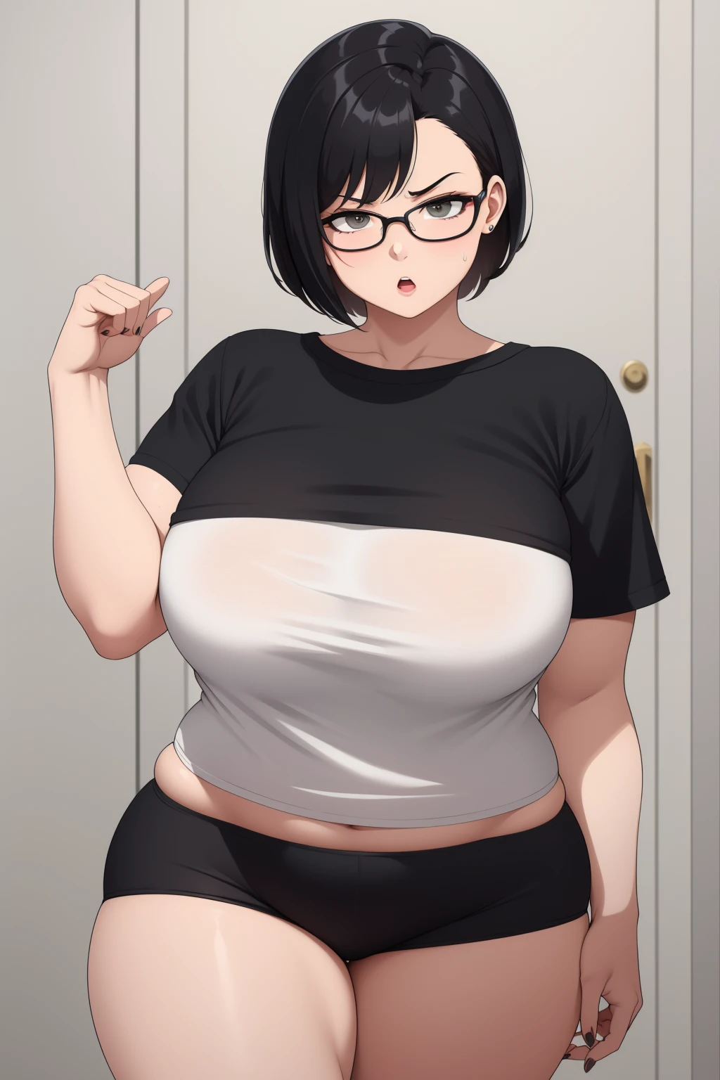 cute face, 1girl, short, petite, slightly chubby, short black hair, black hair over one eye, glasses, t-shirt, black jeans, pear shape hips, slightly thick legs, solo, indoors,