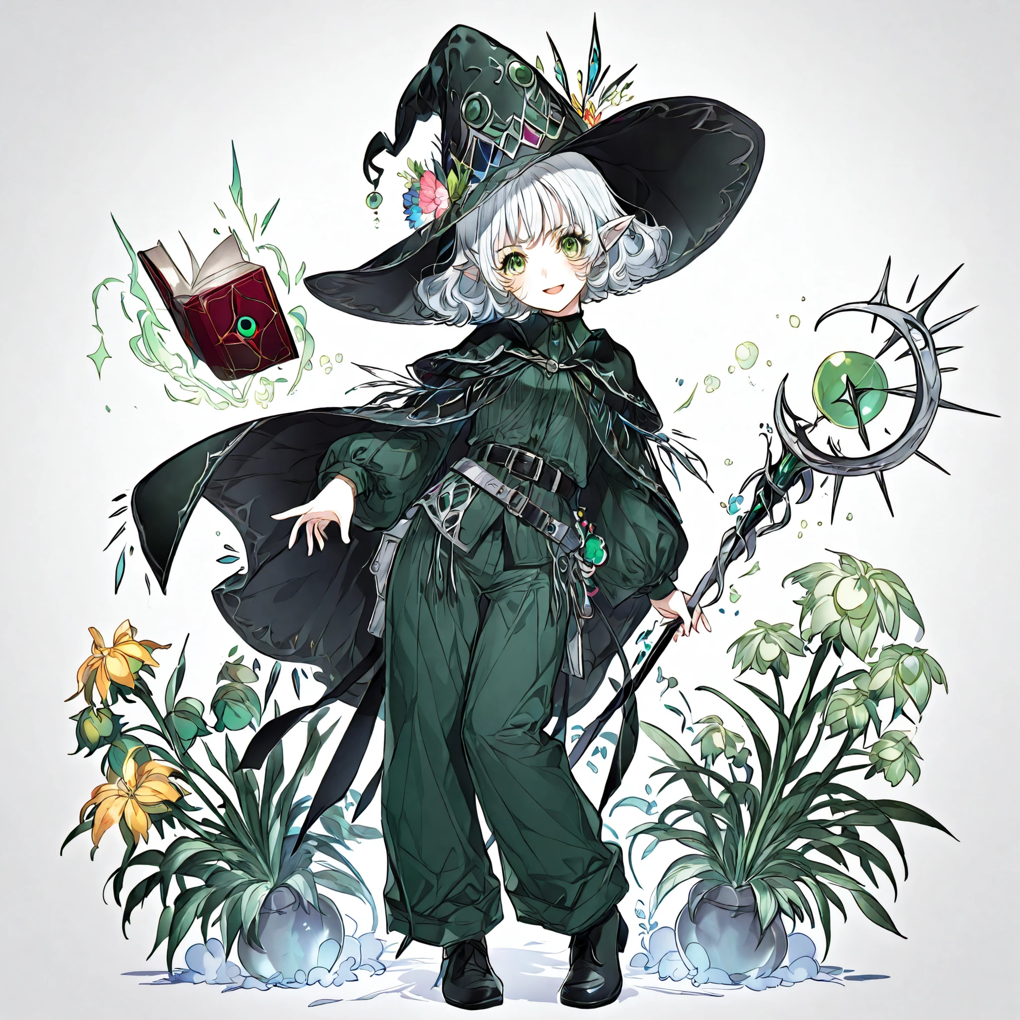 Solo,￼￼ elf, female, silver hair, short hair, medium cut, curly hair, green eyes,slender, flower shop penta witch's pointed hat, flower penta wizard costume, pants, fair skin, annoyance, raise right hand, belt, waste set red book, cool emotion, cool mild smiling, action pose, chanting magic, action pose, one hand magical long metallic staff, icy breath, frosty illusions, dark fantasy, chibi chara￼