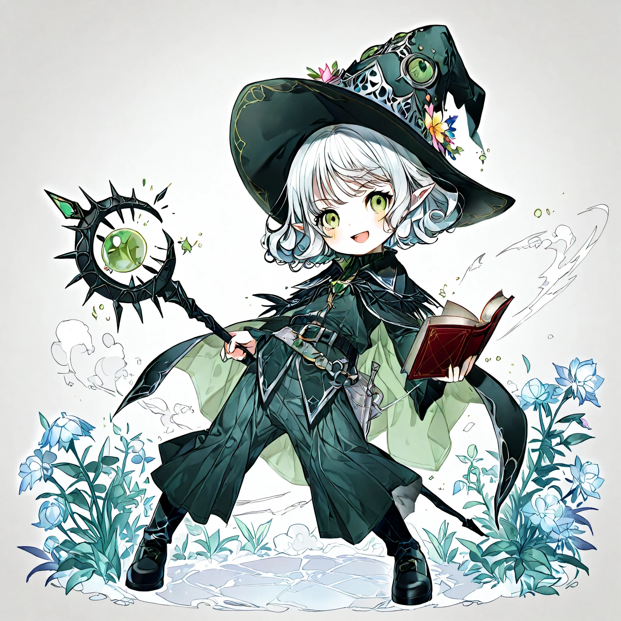 Solo, elf, female, silver hair, short hair, medium cut, curly hair, green eyes,slender, flower shop penta witch's pointed hat, flower penta wizard costume, pants, fair skin, annoyance, raise right hand, belt, waste set red book, cool emotion, cool mild smiling, action pose, chanting magic, action pose, one hand magical long metallic staff, icy breath, frosty illusions, dark fantasy, chibi chara