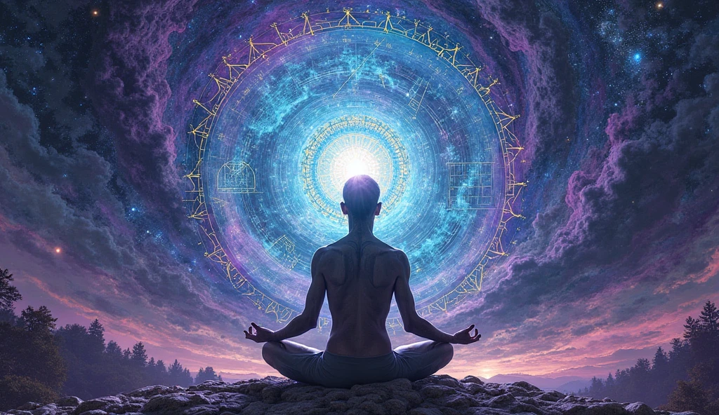 Human figure meditating in the center of a vortex of interdimensional ...