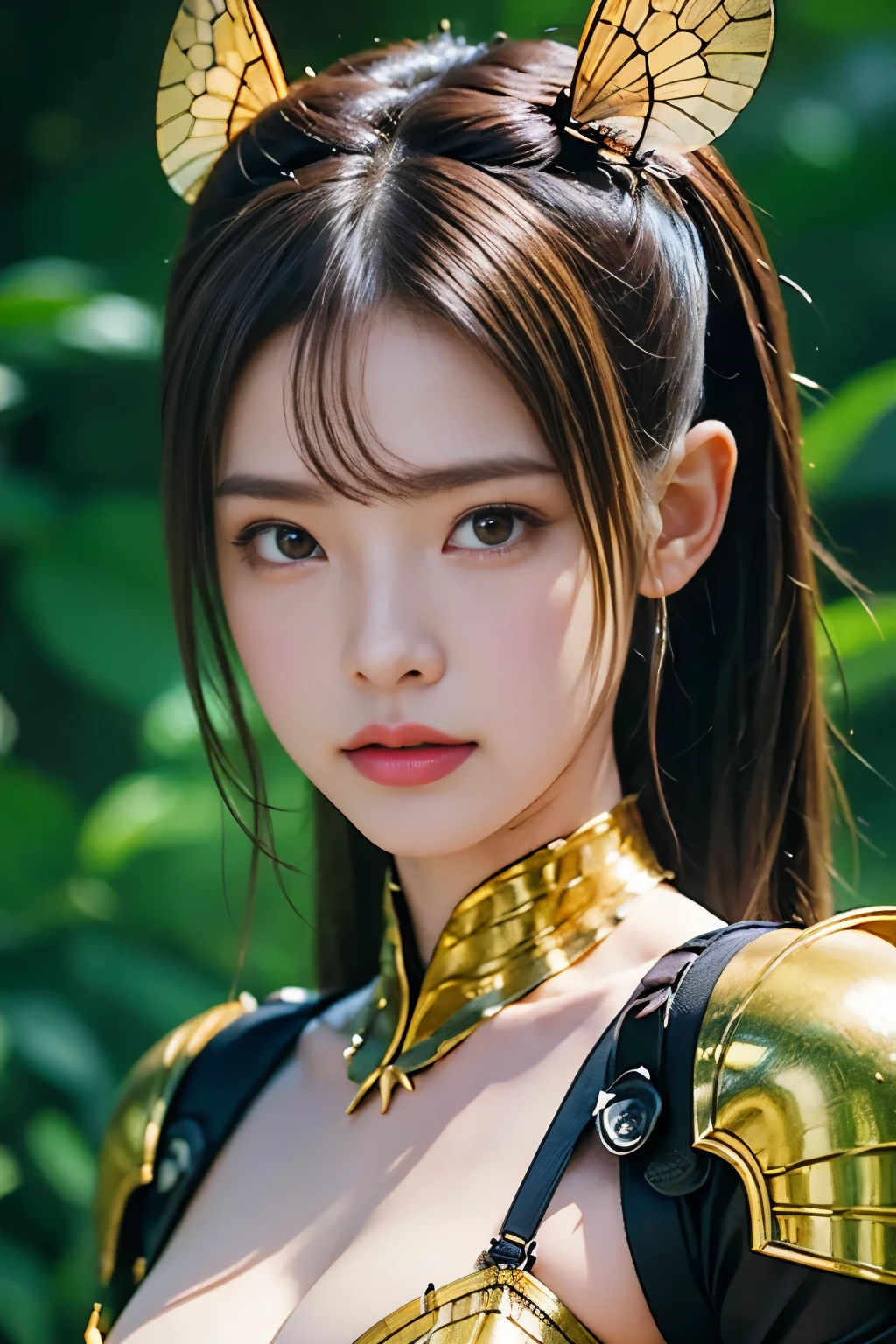 (High quality) , (masterpiece) , (detailed) , 8K , Hyper-realistic illustration of a girl with distinct Japanese features , wearing an intricate cockroach-inspired attire . The upper body portrait showcases the unique fusion of insect characteristics with delicate feminine aesthetics . The subject's intense gaze draws viewers in , while the intricate details of her attire , from glossy exoskeleton-like armor to delicate antennae , create a captivating and unusual portrait that blends beauty and unconventional inspiration .