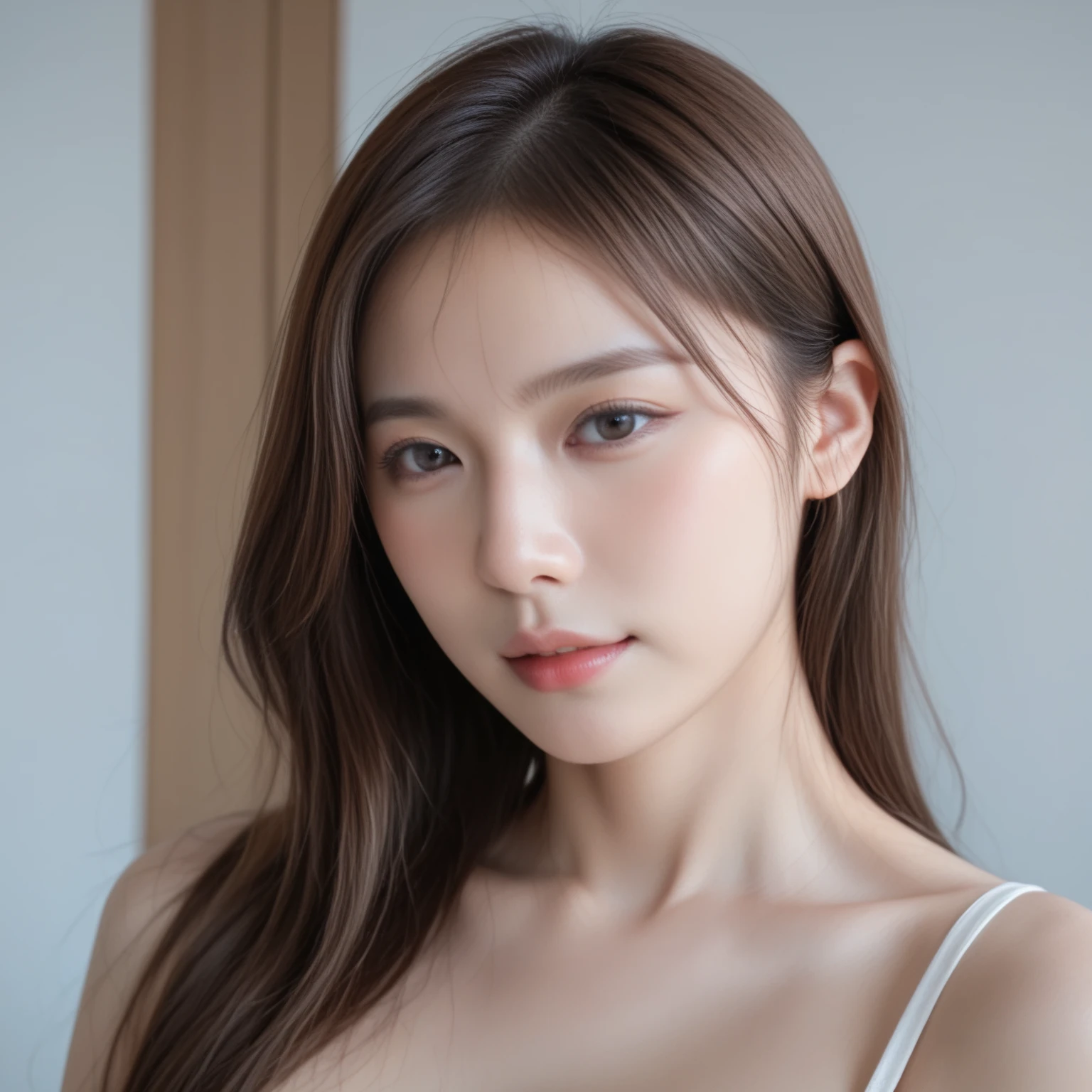 (top-quality:1.5)、(masterpiece:1.5)、(hight resolution:1.5)、(RAW Photos:1.5)、reallistic、Photorealsitic、High Details、film grains、Detail Skin、natural soft light、bilaterally symmetrical、8K、extremely delicate and beautiful illustration、
1girl in、Random Hairstyles、Slim Leg、delicate and pretty、face perfect、beautidful eyes、fair white skin、Real human skin、pores、(Japan student:1.4)、a baby face、from waist up、Sheer Camisole One Piece、large full breasts、