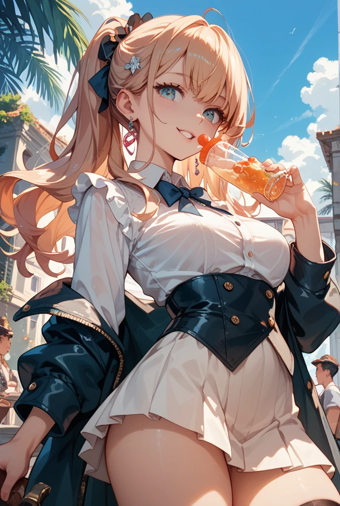 (8K、top-quality、top-quality、​masterpiece、ighly detailed: 1.2)、女の子 1 人、The upper part of the body、A woman has an (Margot Robbie) Similar to、directly in front、frontage、blazers、blazersを着ており、Looking at the camera、Facing the front、School rooftop、Big、blazersのボタンはすべて外されています、a blond、After School Dating、standing and eating crepes