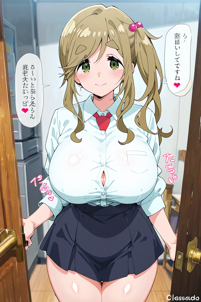 (masutepiece、Best Quality)、Open door、hand on the door、Hoshino kirara、1girl in、Beautiful eyes、Well-formed face、very large udder、Too big、fullnude、unwear、Taking it off、Big and beautiful nipples、Beautiful areola、beauty legs、a room、sexy pose、blushed face、Figure-eight eyebrows、Moist eyes、shame、