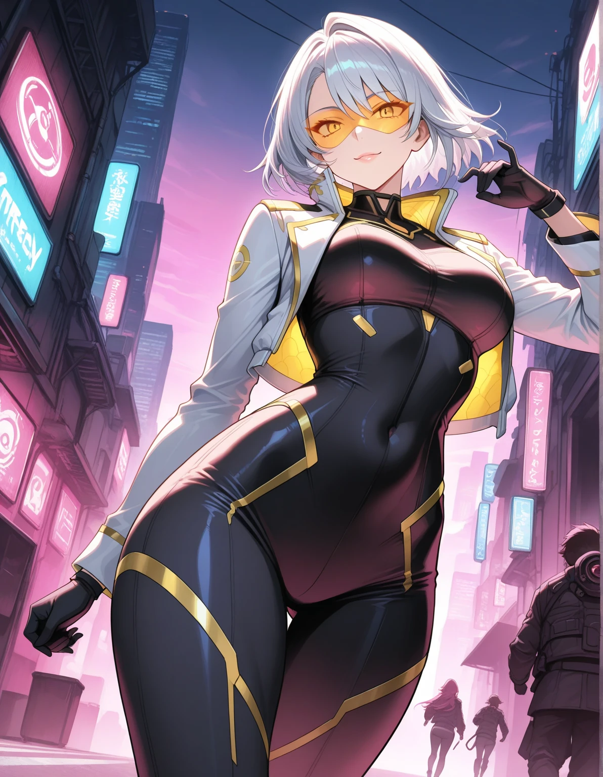 (8k, RAW photo, best quality, masterpiece: 1.45), Beautiful delicate face, young girl, white hair, ((kpop idol )), transparent bodysuit, spread, sensual, hot, sheerblack(high leg cut leotard), pale skin, {{messy short}}, (huge breasts:1.05), bangs, attractive curves, small pelvis, ((standing)), streets, glowing skin, cyberpunk colors, neon, techsuit, mecha, holding a light saber, fighting pose, samurai style, evil eyes, (((puffynipple, puffy areolas))), pubic hair, ((spread legs), camel toe, cameltoe, hard shape, vulvashaped:1.25), (upper body:1.15), (sfw:1.45)