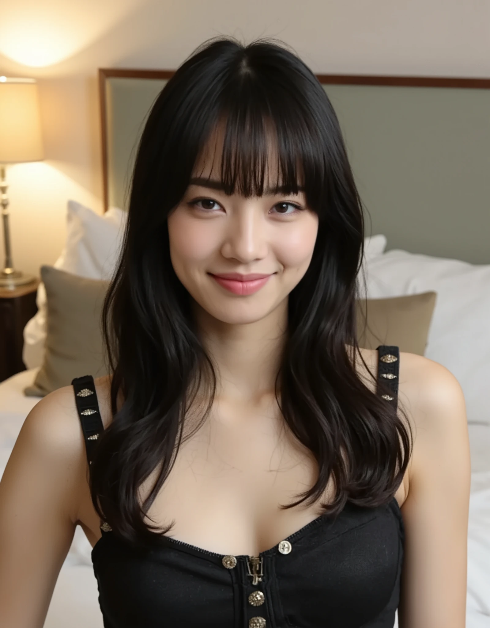 ((A mature adult woman is standing in front wearing a bra)),beautiful black hair, realistic person images in dark waters,Realism,best quality,mastepeice,best quality,best quality,highest resolution,fine details,Beautiful detailed face,black eyes,realistic skin, Exact Upper Body,Realismのある肌,smiles,very large breasts,In a typical bedroom,Indoor bedroom ,It's a bedroom,is in the bedroom,