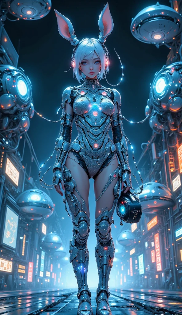 Future fashion theme, beautiful cyborg woman, perfectly proportioned like a Paris Collection model, short white hair, silver and pink glowing earphones, glowing magic circle pattern on silver skin, colorful net of thin wire material worn as a beautiful and mysterious dress,  girl, holding a bag in the shape of a mysterious fish, wearing long boots made of blue glowing jewels, standing and smiling, camera, futuristic movie, UFO station with a galactic motif 
Bunny girl, holding a bag in the shape of a mysterious fish, wearing long boots made of shiny blue jewels, standing pose, smiling, looking at camera, futuristic movie, UFO station with galactic motif, silver glowing UFOs lining up, bold composition, masterpiece, high quality, HD, 16k, reality, art poster, high image quality, detailed description, Glittering fashion magazine cover, encounter with the unknown in 3025
