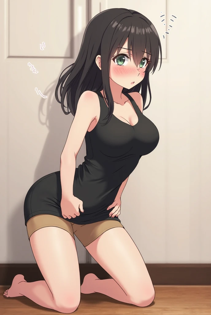 (high quality, High resolution, The finer details), Black Hair,Long Hair,Black eyes,Black Eyes, alone, blush, Soft lips, Sweat, Oily skin, (Front view:1.4), Natural light, Soft and warm lighting, Subtle Shadows, Romantic atmosphere,blush、Surprised face,,((Looking Back))(Wet)Reflecting the buttocks,Big Ass,(((Squirting))),((Sexual climax)),