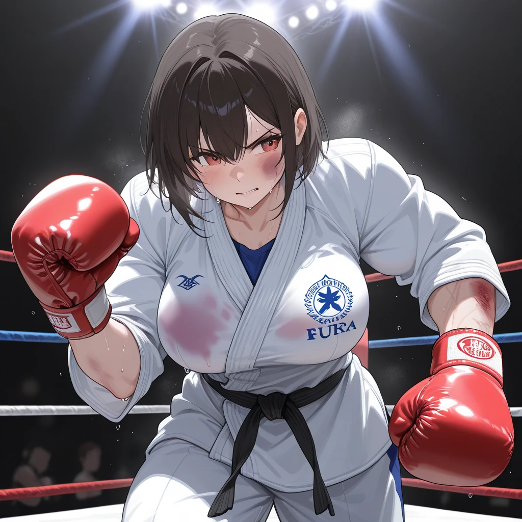 score_9,score_8_up,score_7_up,masterpiece,best quality, source anime, realistic, super detailed, extreme detailed, rating_safe,
1girl, solo, 22yo, short hair, bob cut, (blunt bangs), black hair, (tareme, detailed cute brown eyes), curled eyelashes, (large breasts:0.9),
shiny hair, beautiful detailed eyes, beautiful face,
judo wear, female judo, fighting pose, Serious, nervous, cowboy shot,
Budokan, tatami, Olympic Games, audience,