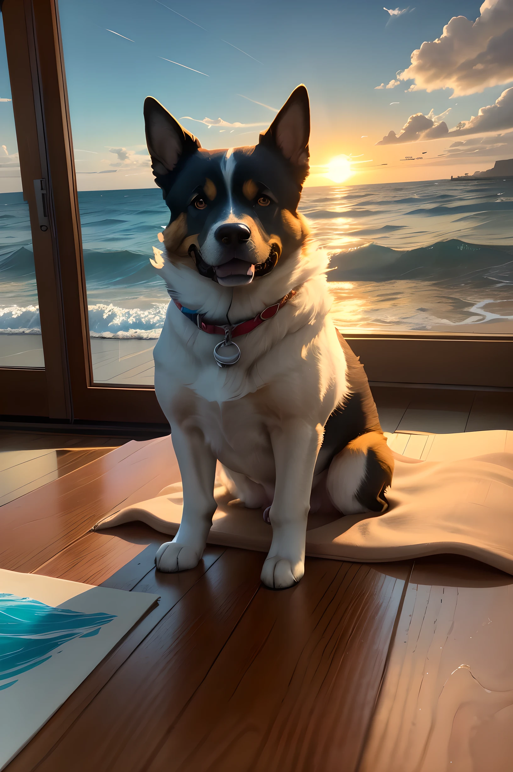 2 colorful stained glass artwork, Brilliant Ocean Waves, Big Breaking Waves, Artistic Sun and Clouds, Bright Blue and Yellow, dynamic motion, Modern Indoor Setting, Fancy Paneling, wooden table, Small Potted Plants in a Gold Vase, natural light, calm artistic atmosphere、Anime Style Scenery、Dog surfing