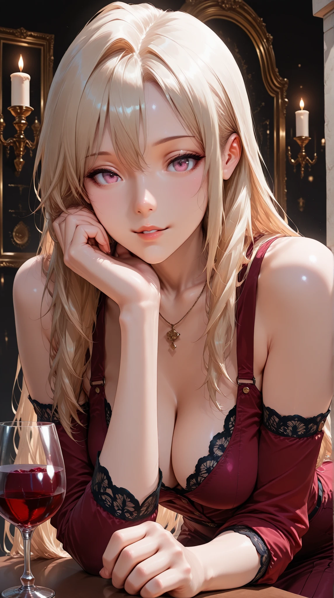 Best Quality,High resolution,8K,finelity detailed background,Masterpiece:1.2),beautiful girl,Shiny khaki hair,crossed bangs,Khaki Eyes,Gentle look,A refreshing look,smile,Best quality,Best Quality,Aesthetic and aesthetic:1.2,Best details((Super detailed))(High-definition CG illustrations),Upper Body, Red underwear,(red intricate lace),Slender body,night,moon,Bedroom,On the bed,smile,blush,cute,Scrounge,Looking up,Being spoiled,super model,wariza,shoot from,below