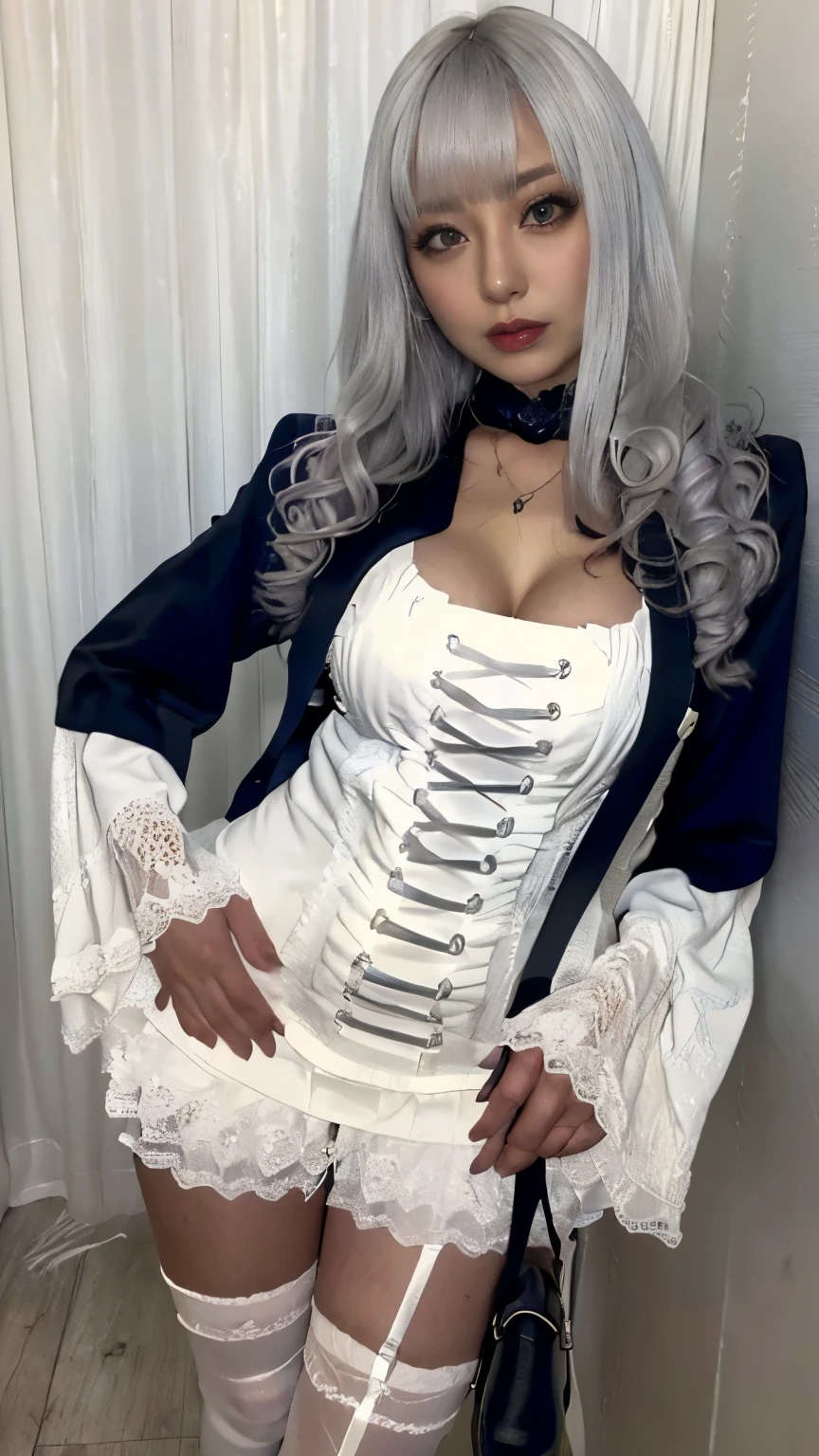 (NSFW)、Photo realistic perfect body、Ultra-high image quality、Ultra-high realistic image quality、(Japan Gal:1.5)、(mature face:1.0)、(Office Lady Suit)、、(Solo)、(medium breasted:1.2)、(Gravure Pose:1.3)、(Cowboy Shot、Thigh up)、Waist slender、(Silver hair color:1.3)、(voluminous curly hair:1.5)、(long hair:1.5)、(gothic clothing, long sleeve, over the knee socks, women's mary jane shoes), (from front:1.3), (cowboy shot:1.2)