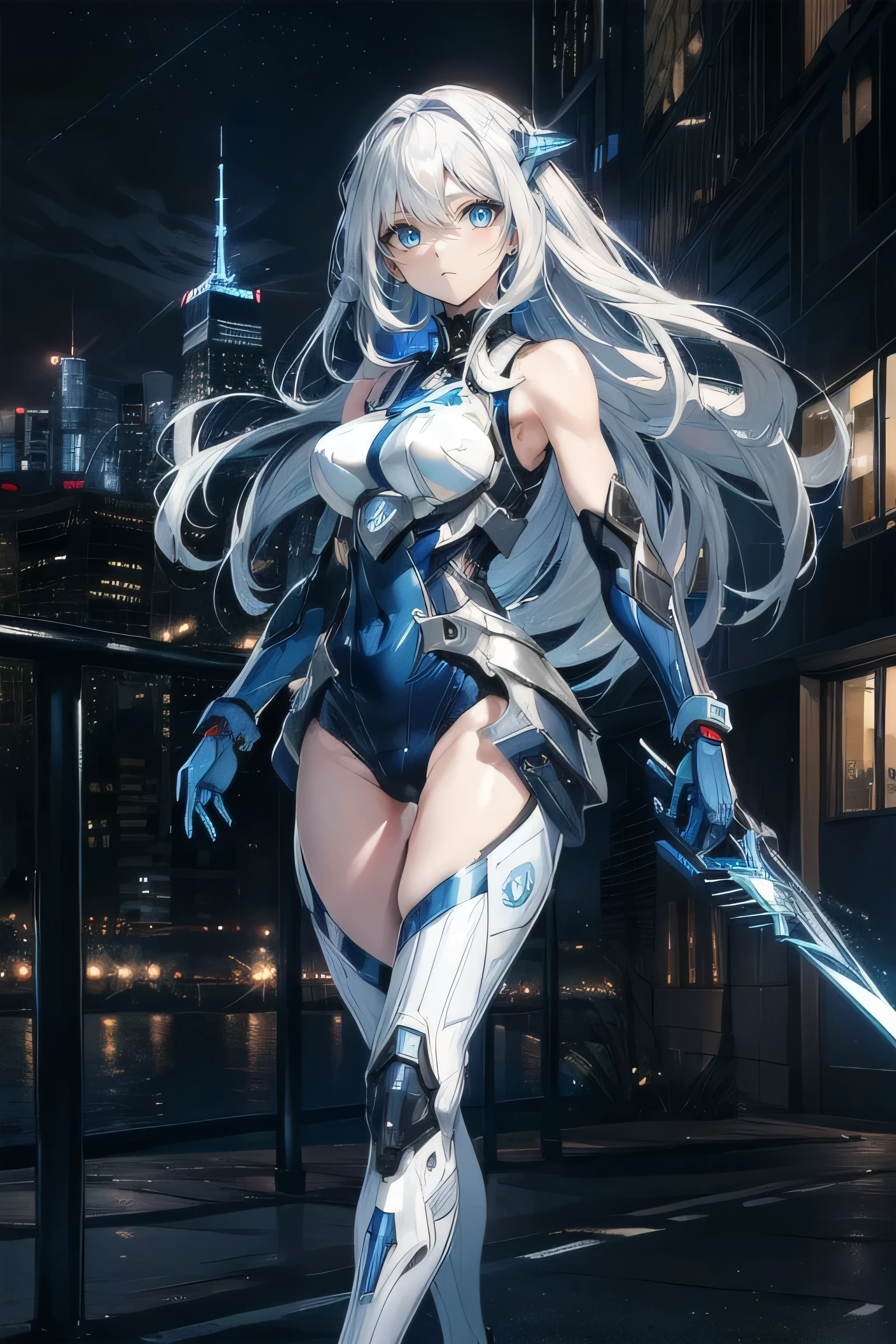 Silver long hair and flat chest，Dark blue armor，Blue jumpsuit，Square shield，mini skirt，thigh，stockings，Standing，Big cities