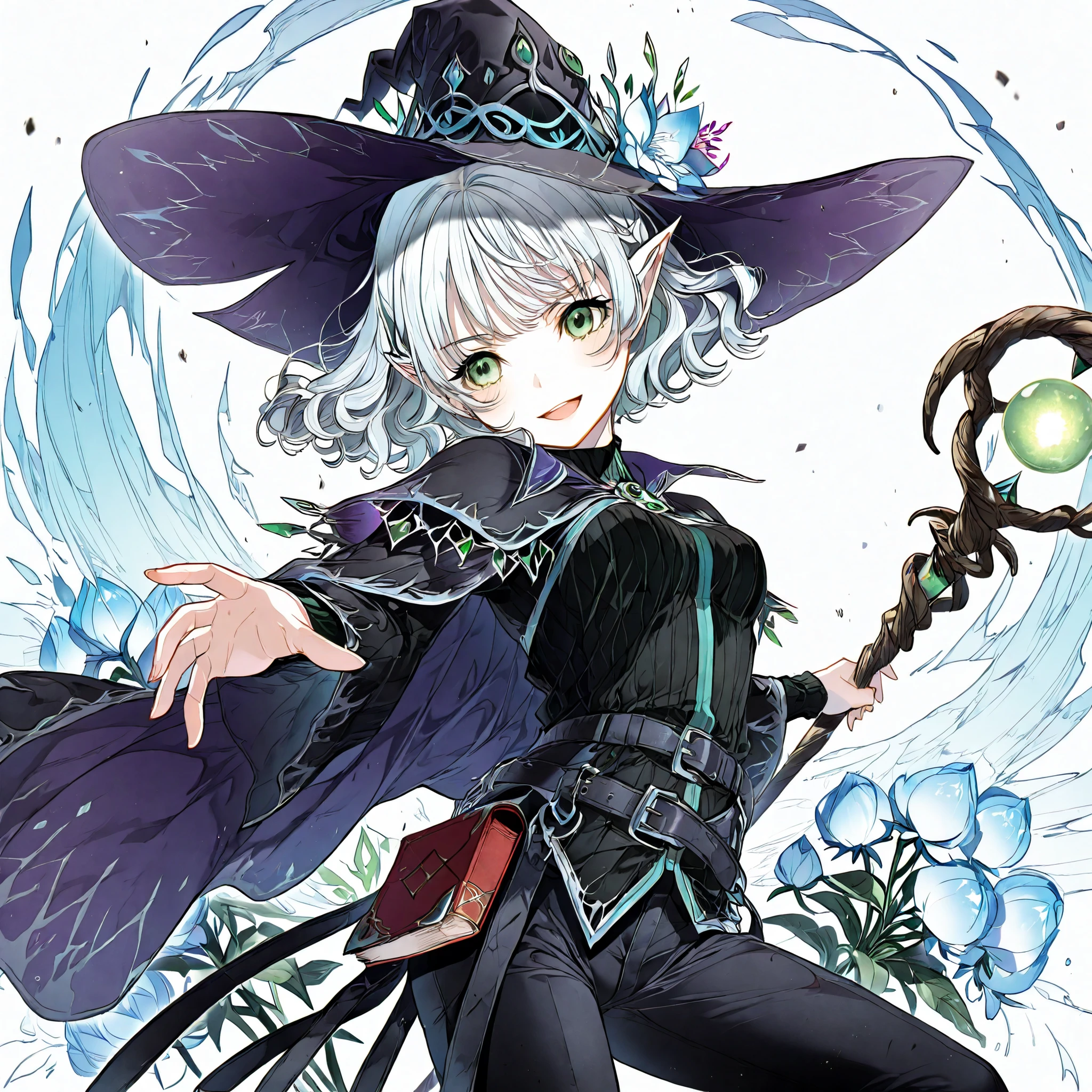 Solo, elf, female, silver hair, short hair, medium cut, curly hair, green eyes,slender, flower shop penta witch's pointed hat, frozen flower penta wizard costume, pants, fair skin, annoyance, raise right hand, belt, waste set red book, cool emotion, cool mild smiling, action pose, chanting magic, action pose, one hand magical long metallic staff, icy breath, frosty illusions, dark fantasy,