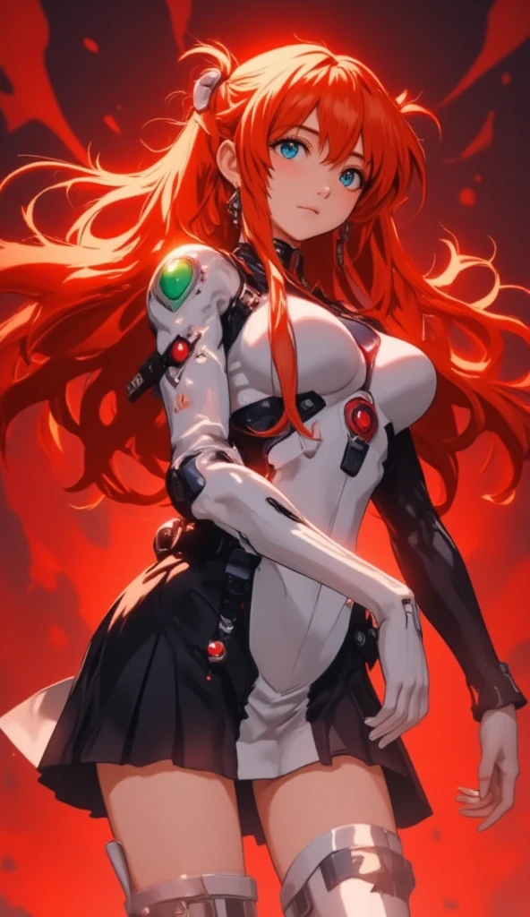 high quality, 8k, high details, high texture, upper body, monster demon 1girl, red short hair, blue eyes, beautiful face, earrings, cyborg mech berserker body of monster demon