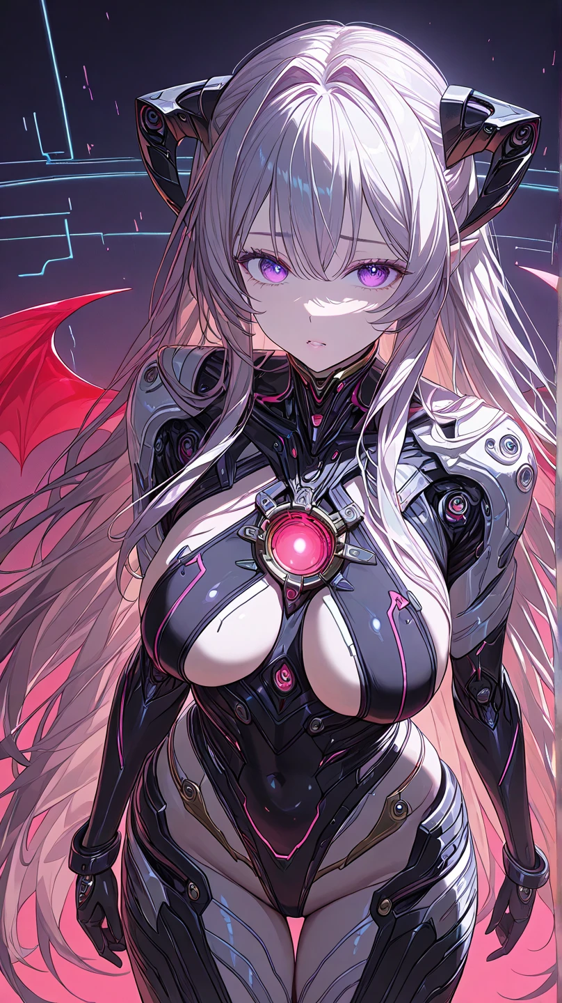最high quality、best image quality、masterpiece、android girl((18-year-old、 By becoming、vest bust、medium bust,wide open breast tea、red glowing eyes, water hair、messy hair、long hair、thin,highest valley、Blue robot body、Shiny red body、Close ~ eyes、attack、Show the whole body、robot arm、robot feet、villain、evil smile、bad smile、laugh loudly、villain pose、Black robot wings,sharp nails、prick々New bodysuit、With a big sword、floating in the air)),high quality、beautiful art、background((dark bio facility、dark room、Infrared Sensor、red lighting))、Flight、debris flies、Depth of written boundary、movie、visual art、perfect art、8K,genuine、