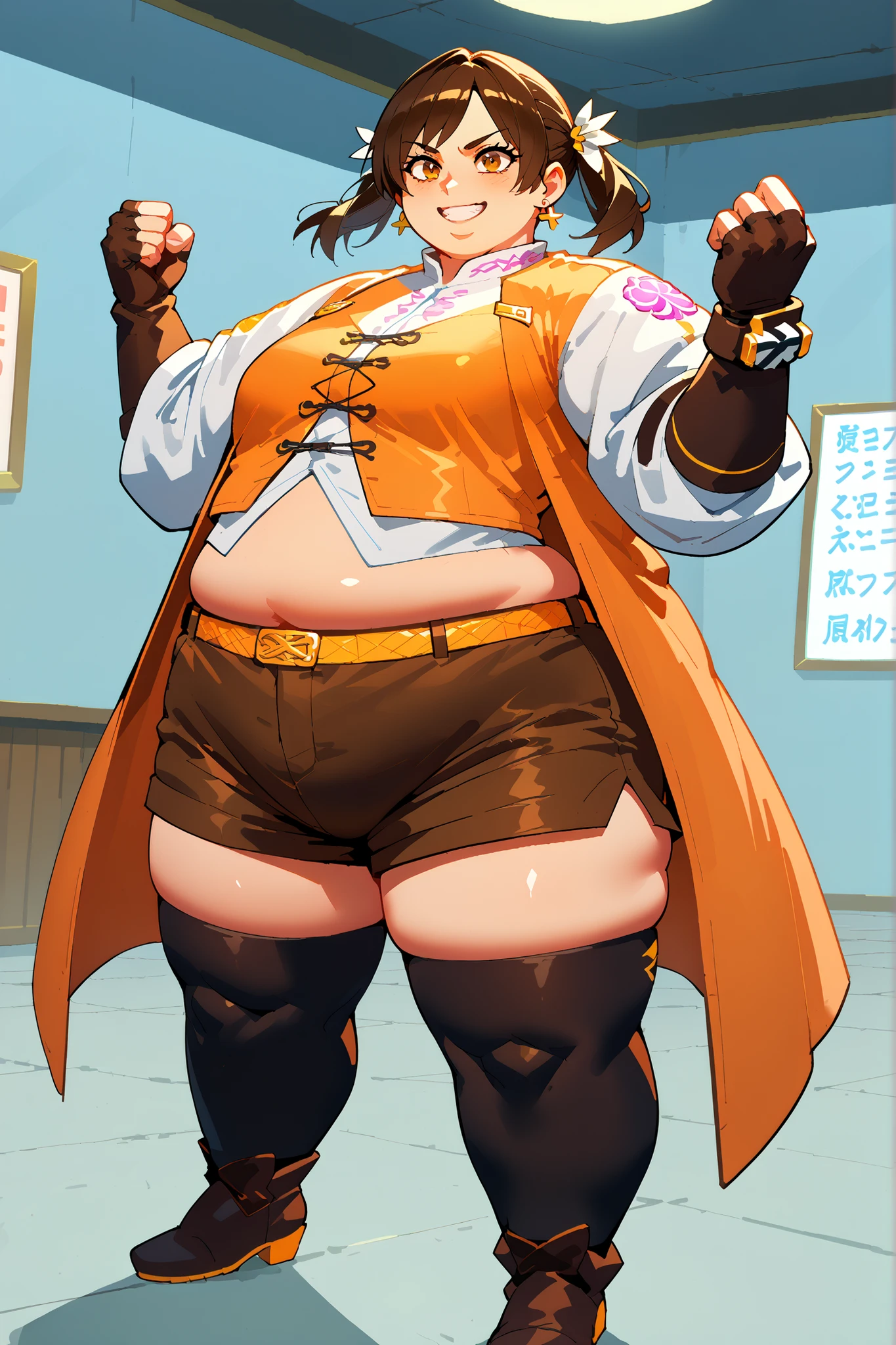 score_9, score_8_up, score_7_up, score_6_up, score_5_up, score_4_up , BREAK source_anime,anime screencap,anime_coloring,anime_lineart, smile, gloves, brown eyes, jewelry, earrings, shorts, thigh highs, boots, fingerless gloves, white shirt, smile, midriff, crop top, action posing , dynamic angle, indoors, coat, full body, SSBBW, 500 lbs.