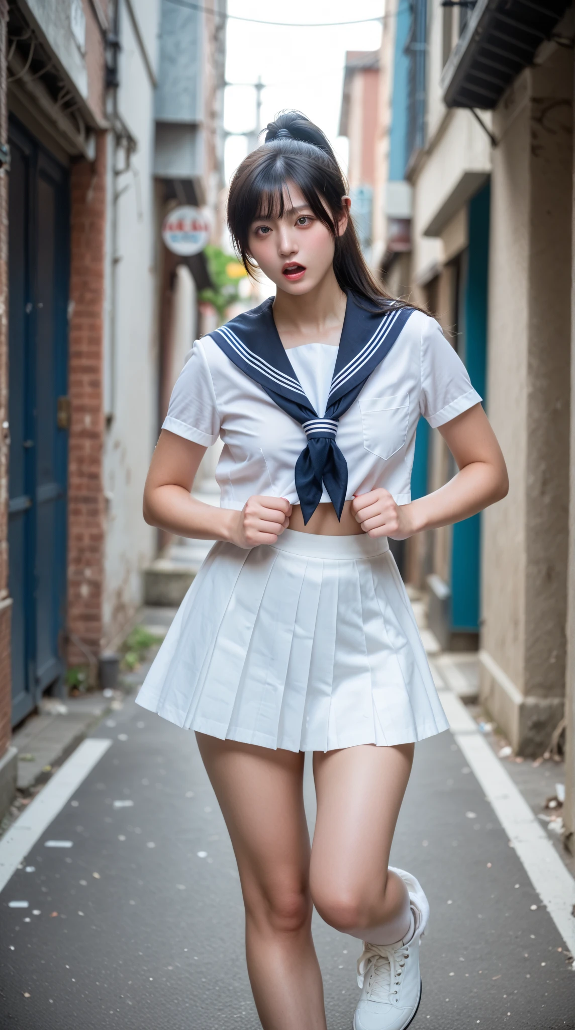(Highest quality, 8K, masterpiece:1.3)), concentrated:1.2, Perfect Body Beauty:1.4, Hips:1.2, ((Layered Haircut, chest:1.2)), (Sunny park street:1.3), Bandeau dress: 1.1, Highly detailed face and skin texture, Beautiful Eyes, double eyelid, White skin, Long Hair, (shut up: 1.3),Checked mini skirt,Navy blue knee socks,White slim shirt,Kneeling and looking up from below,スレンダーボディー,