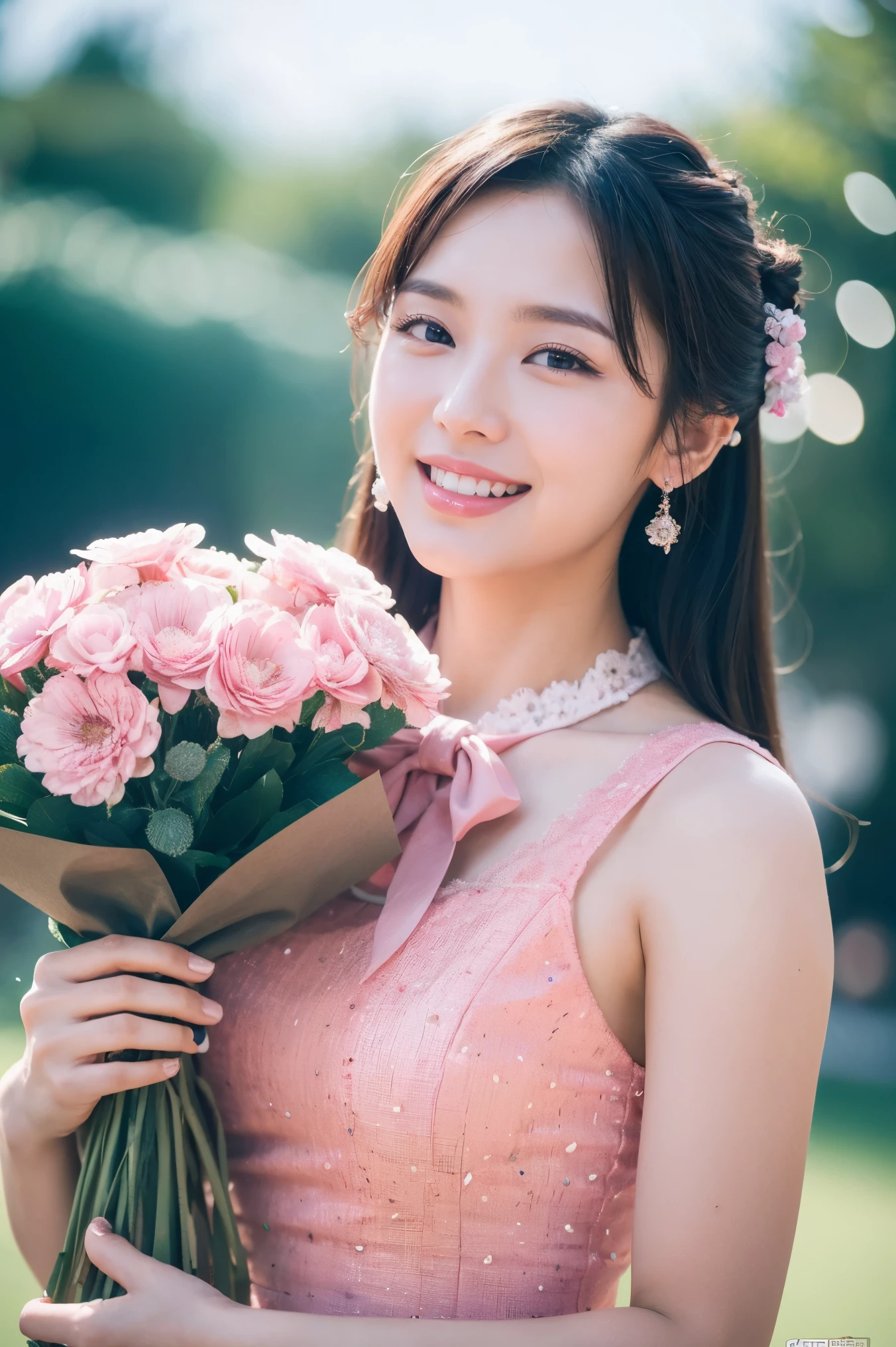Medium size display, mid-shot, writing boundary depth,  Bust, upper body,  cinematic angle , masterpiece, best quality, very well detailed, CG,  8k Wallpaper, Beautiful Faces, watch, Otome, alone, smile, bungs,  real hair ornaments,pink dot color dress, bow, petals, bouquet
