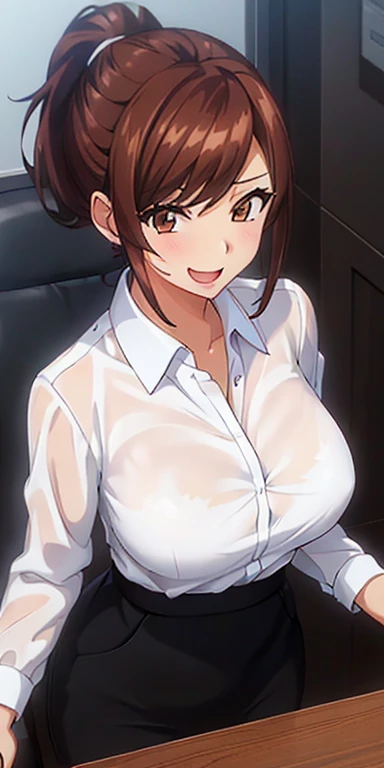 all fours on office desk, (white office shirt), (black skirt), white long socks, (office room background), Sigui, mature woman, anime cels style, best quality, high resolution, 1girl, (huge breasts:1.2), beautiful face, Beautiful Finger, Beautiful long legs, Beautiful body, Beautiful Nose,Beautiful character design, long hair, (brown hair), Bangs, green eyes, (cowboy shot), smiling, looking at viewer, beautiful hair, smiling, blushing