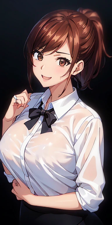 Simple white background,
(black_Formal_blazer:1.3),(white_collared_shirt), jewellery, (black_pencil_skirt), rings, cleavage,
pony-tail,(brown_heads:1.3), bangss,brown_eyes,Short hair, 
1 Girl, 20yo,young female,Beautiful Finger,beautiful long legs,beautiful body,Beautiful Nose,beautiful character design, perfect  eyes, perfect faces,expressive eyes,The perfect balance,
looking up at viewer,(Focus on her face),closed mouth, (Innocent_Big_eyes:1.0),light_Smile,
Official Art,Extremely detailed CG unity 8k wallpaper, perfect light,colourfull, bright_electric wires_face_illumination,sparkly skin, 
(Masterpiece:1.0),(best_Vagina:1.0), The ultra-Highres,4k,Ultra-detailed,
photography, 8K, HDR, high resolucion, absurderes:1.2, kodak Portra 400, film grain, blured background, Bokeh:1.2, lens flares, (lively_color:1.2),professional photograph, 
(beautiful,larger_pectorals:1.4), (beautiful_face:1.5),(narrow_waist),