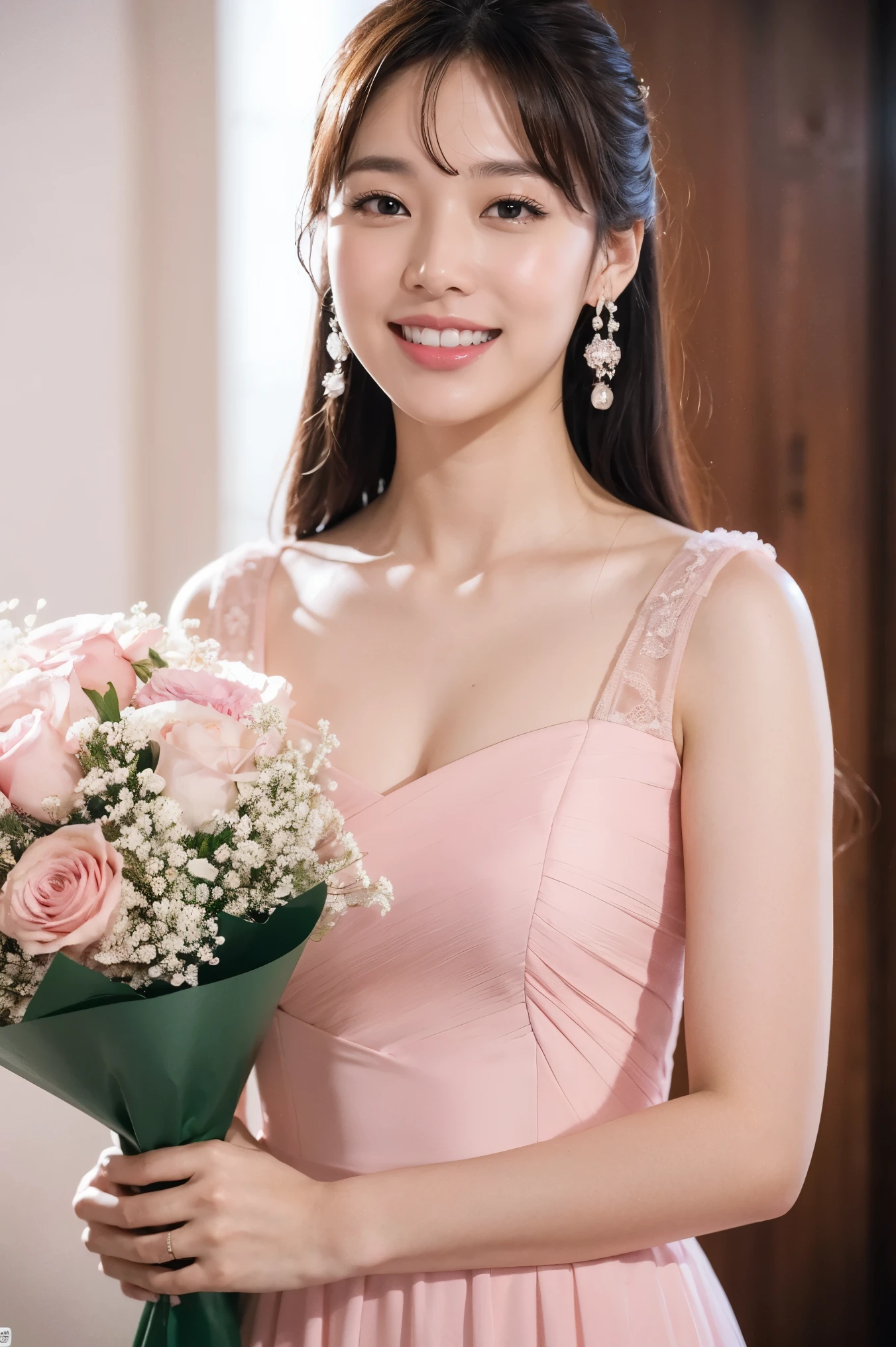 Medium size display, mid-shot, writing boundary depth, Bust, upper body, cinematic angle , masterpiece, best quality, very well detailed, CG, 8k Wallpaper, Beautiful Faces, watch, Otome, alone, smile, bungs, real hair ornaments,pink dot color dress, bow, petals, bouquet