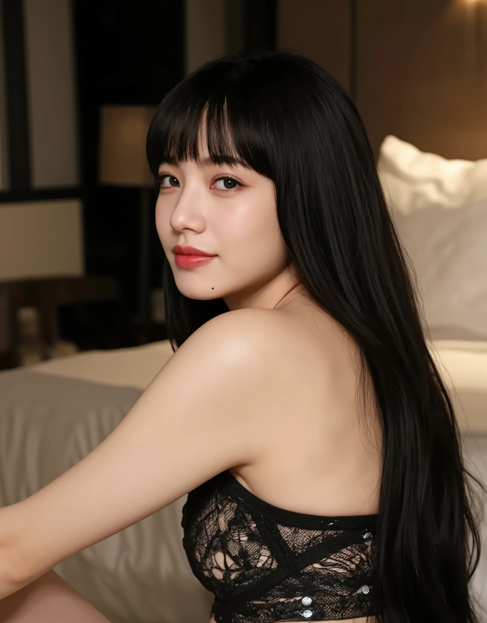 ((A mature adult woman is standing in front wearing a bra)),beautiful black hair, realistic person images in dark waters,Realism,best quality,mastepeice,best quality,best quality,highest resolution,fine details,Beautiful detailed face,black eyes,realistic skin, Exact Upper Body,Realismのある肌,smiles,very large breasts,In a typical bedroom,Indoor bedroom ,It's a bedroom,Entering the bedroom,