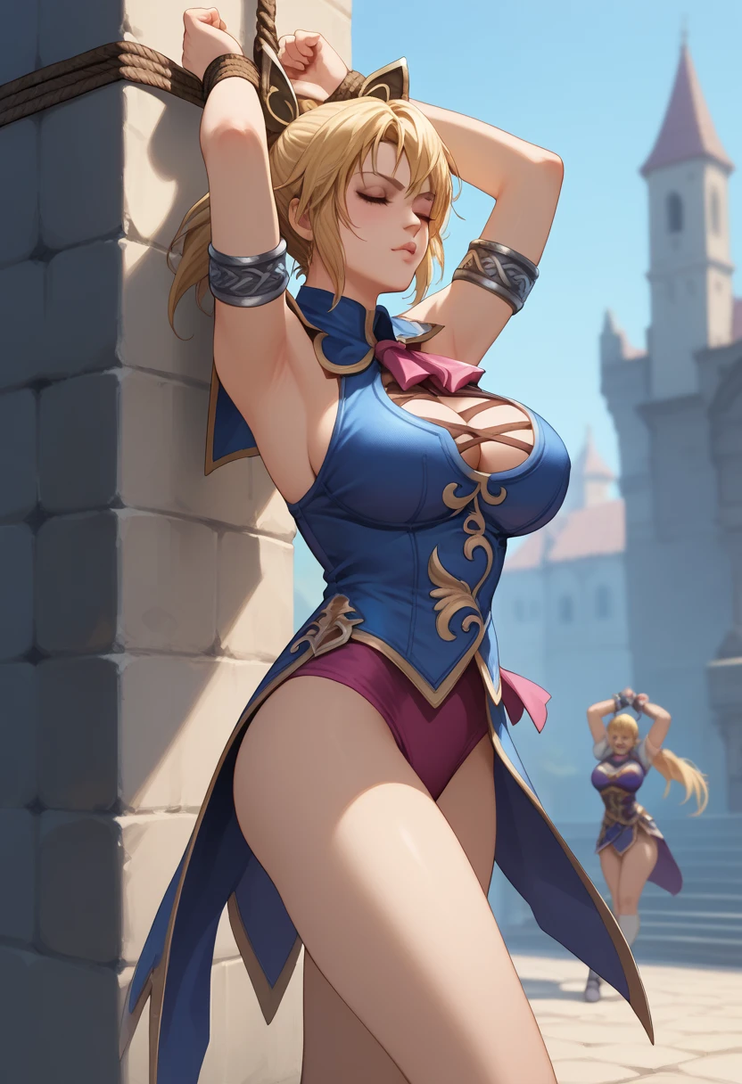 masterpiece, best quality, beautiful art, high resolution, well formed hands, body and fingers, 1 woman, solo, Raiden Shogun , adult, big breasted, cleavage, hair ribbon, wearing a Leina Vance outfit, loin cloth, full body, sexy and skimpy bikini armor, gorgeous hips, legs and thighs , ryona , in peril, she is being beaten up by her opponent, she is knocked down and she is slapped in the face and being slammed against the floor, being humiliated by her opponent, receiving the impact of her opponent's attacks, closed eyes, screaming in pain and agony, ryona and perilous scene, bouncing breasts, weak and helpless, martial arts tournament on the beach